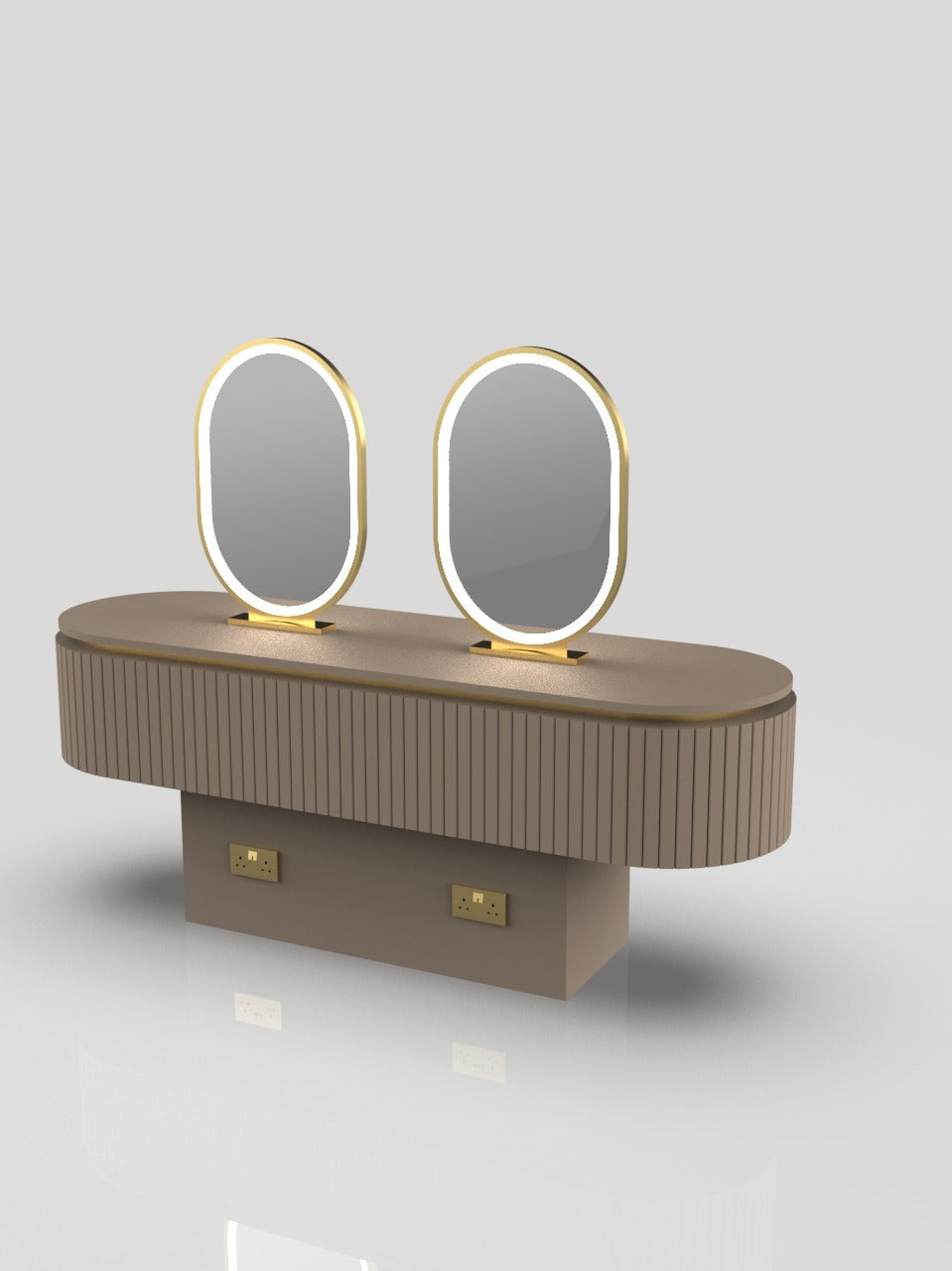 brown and gold hairstyling station with mirrors and plugs