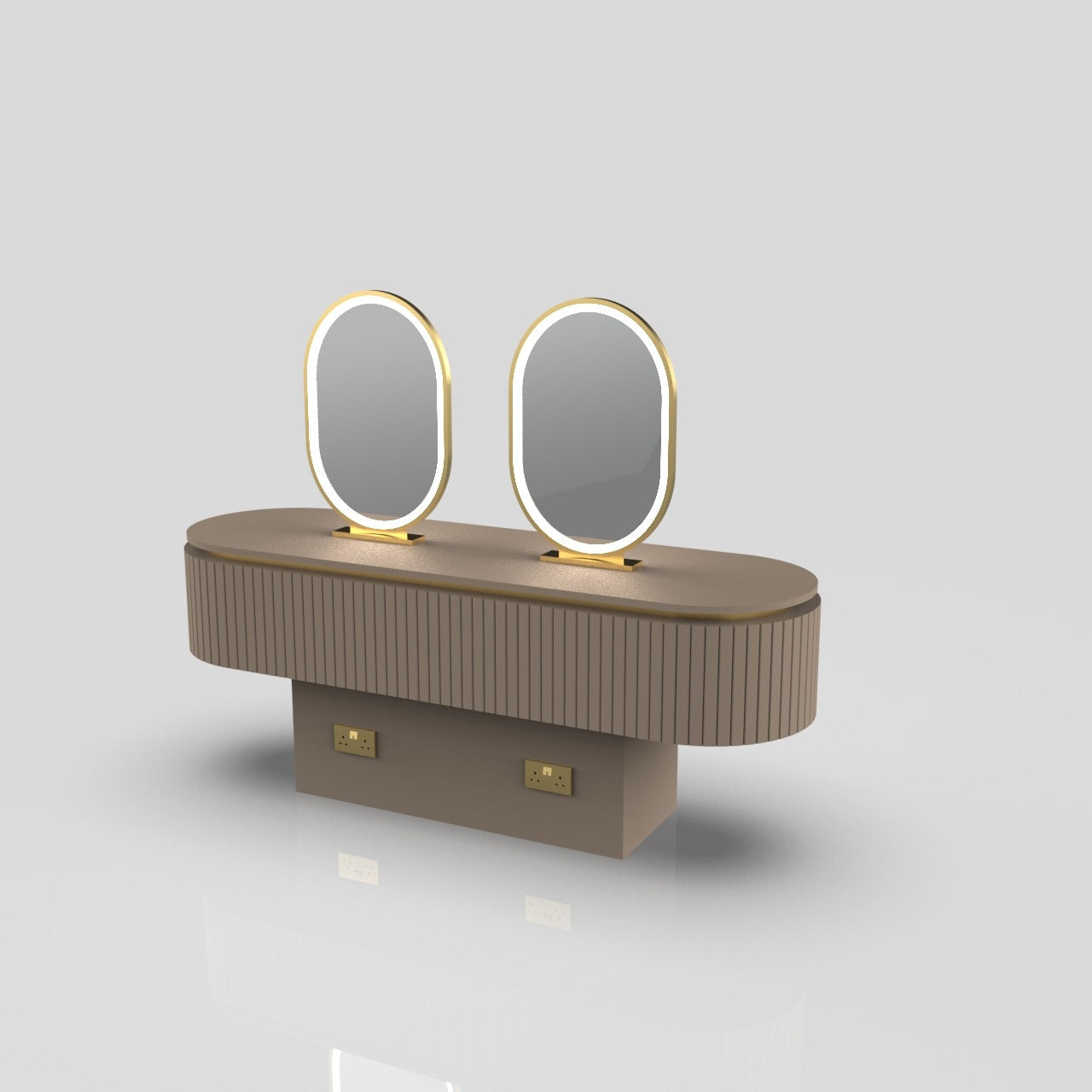 brown and gold hairstyling station with mirrors and plugs