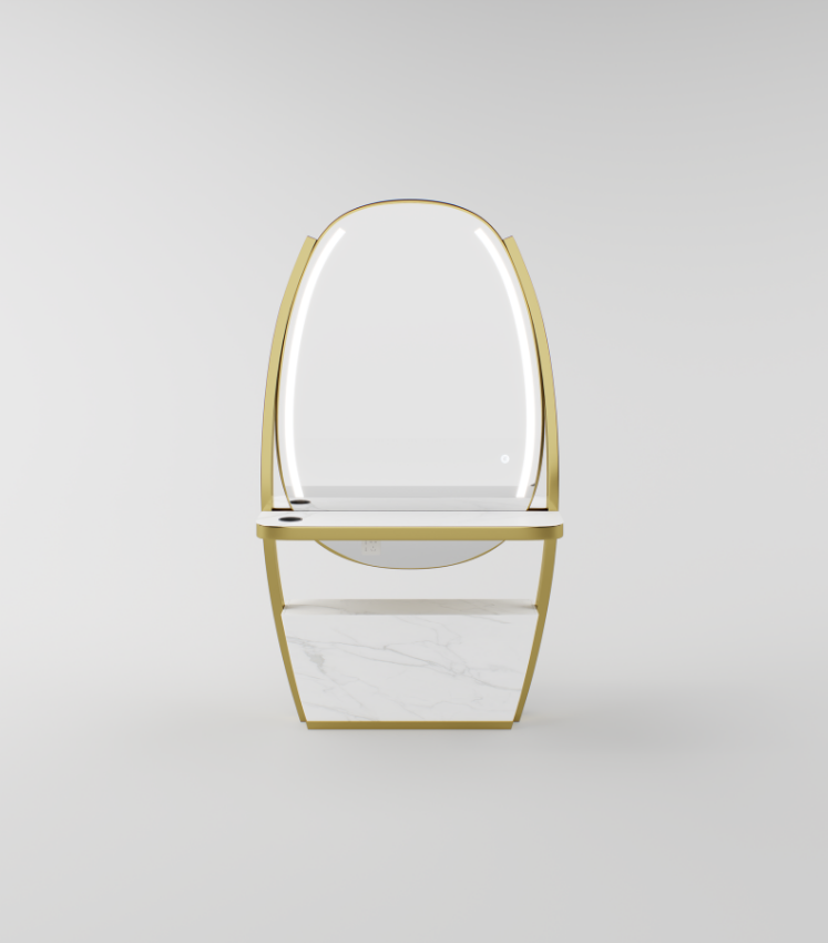 Standing mirror featuring cold and warm LED lighting, stainless steel construction, and a sintered stone worktop.