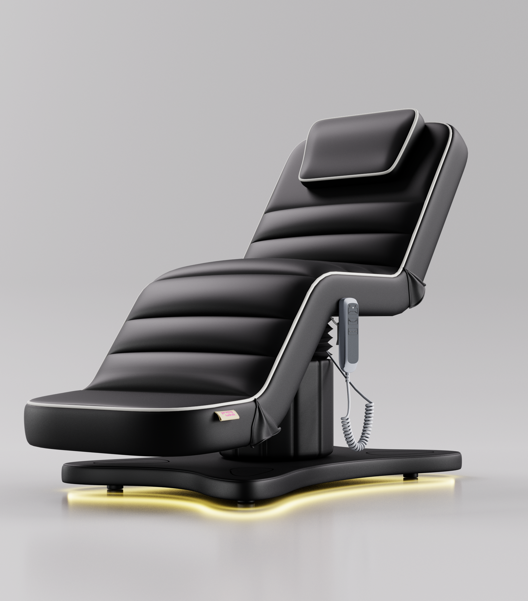 Black electric beauty bed with cream piping and adjustable reclining positions