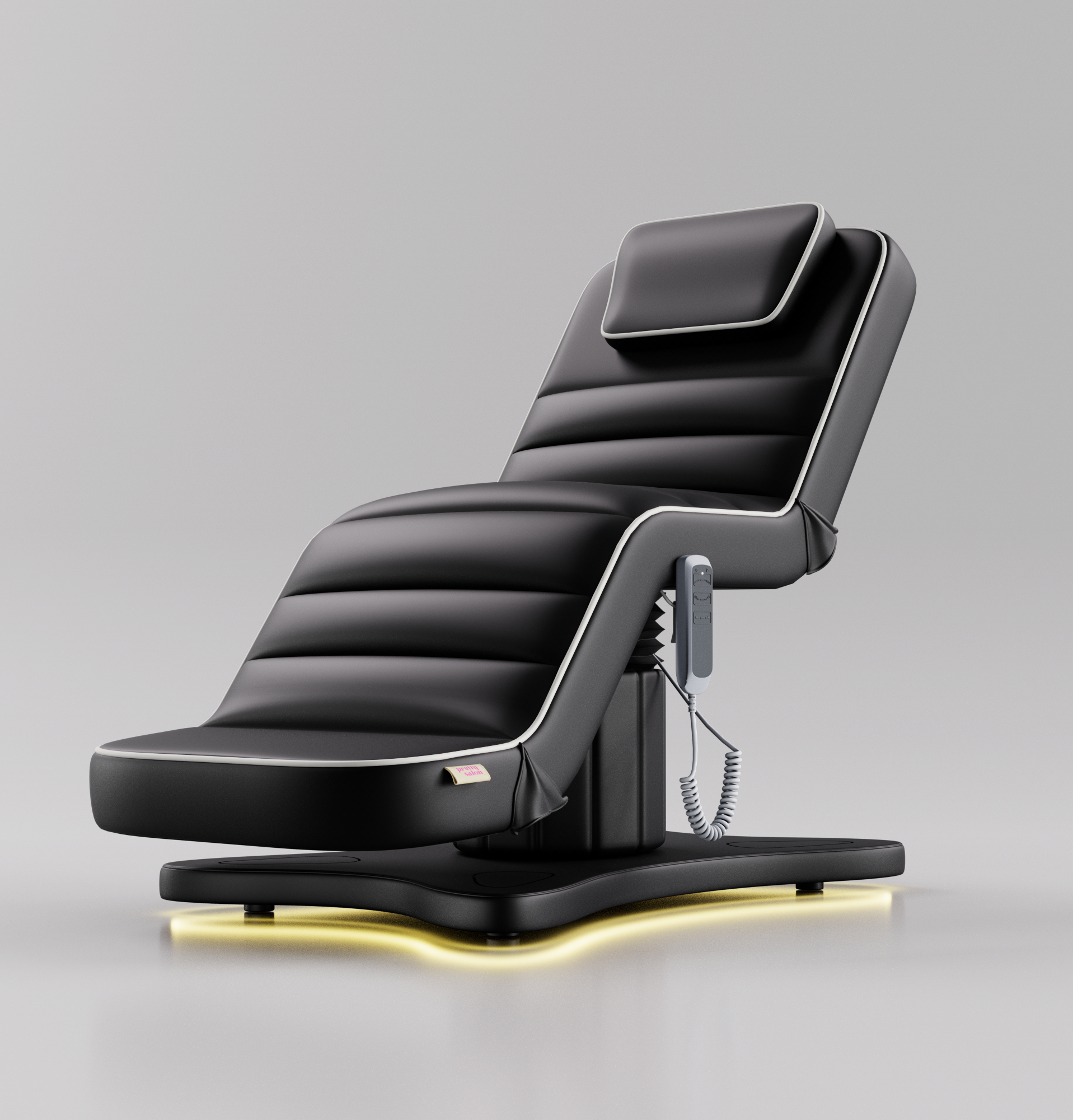 Black electric beauty bed with cream piping and adjustable reclining positions