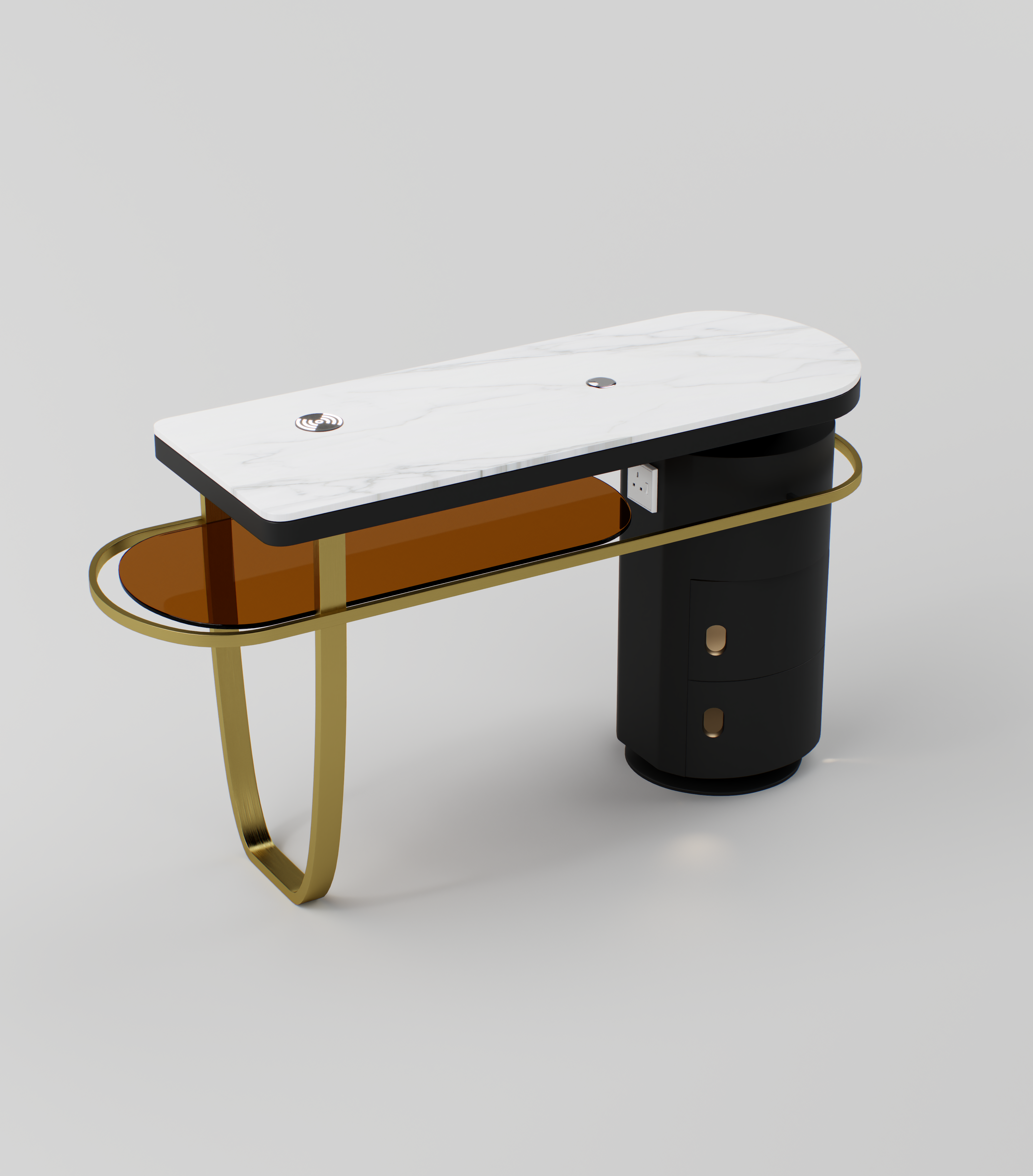 Manicure table featuring a sintered stone top, gold stainless steel frame, and built-in charging options.