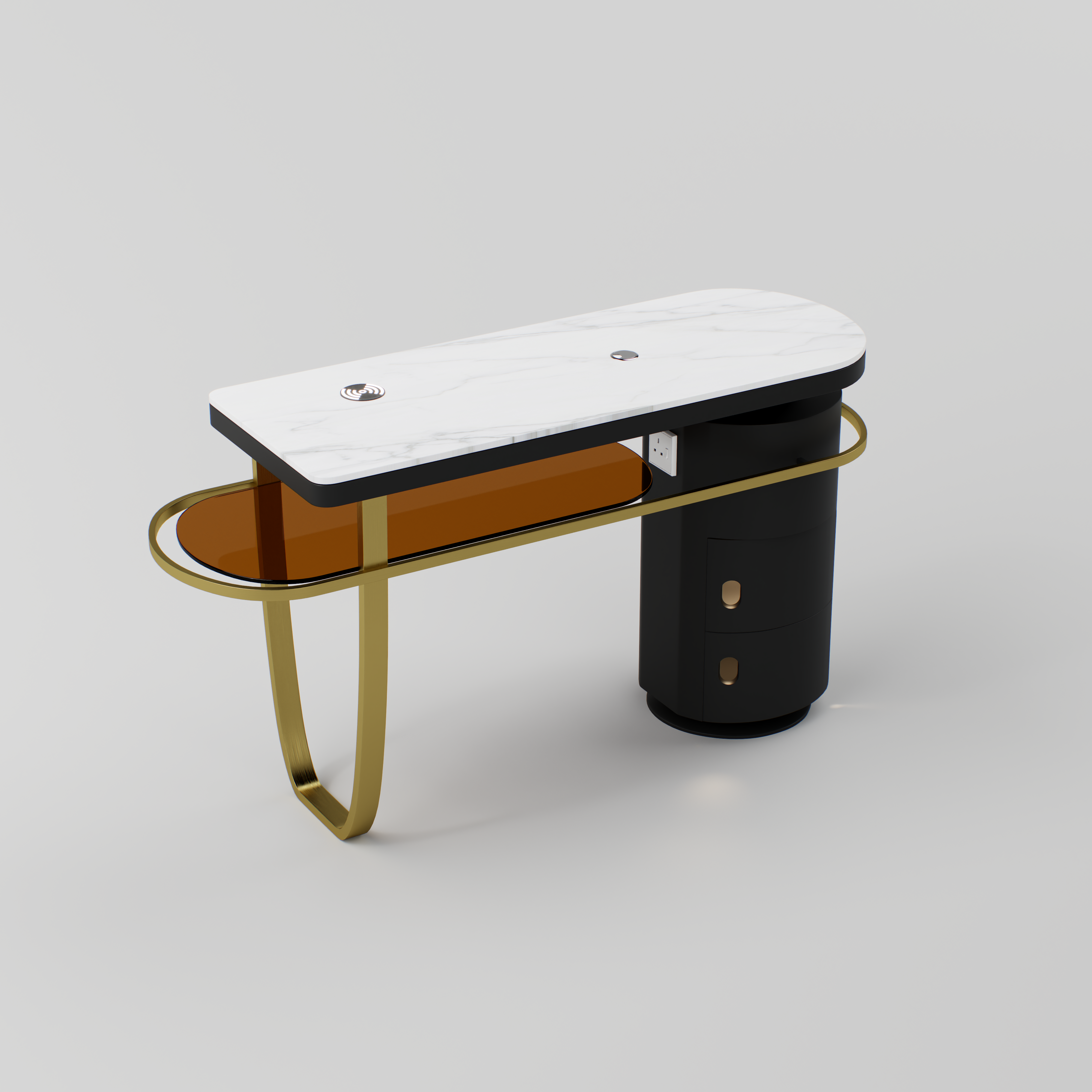 Manicure table featuring a sintered stone top, gold stainless steel frame, and built-in charging options.
