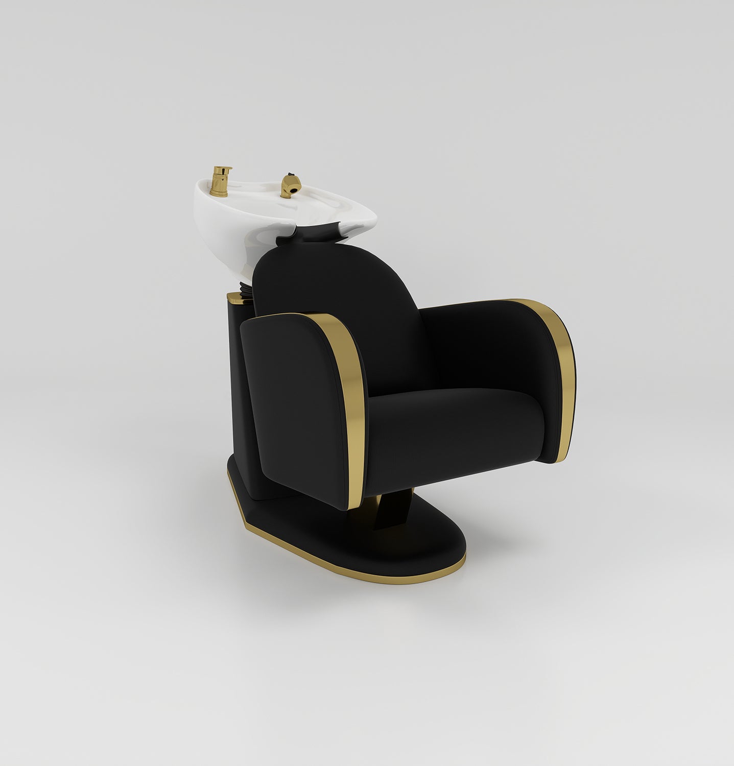 Black and gold hair backwas unit with white sink and gold taps