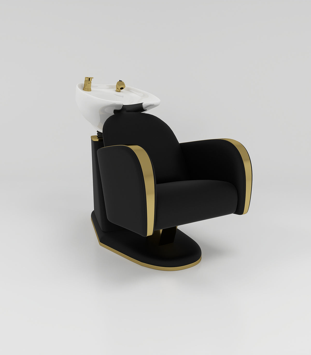 Black and gold hair backwas unit with white sink and gold taps