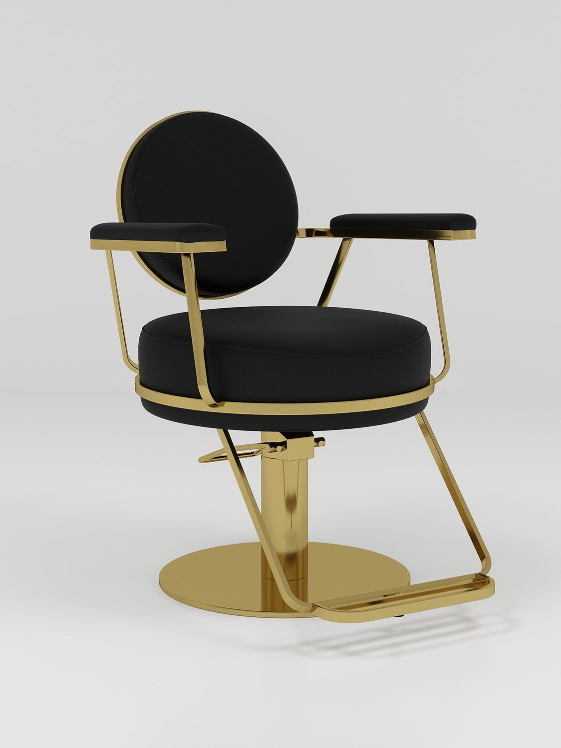 Black leather circle back hair styling chair with gold footrest