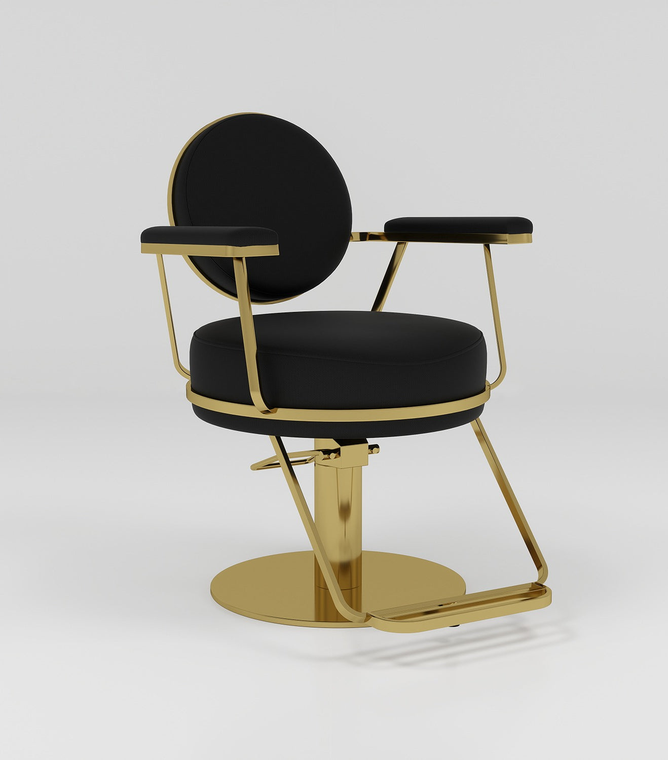 Black leather circle back hair styling chair with gold footrest