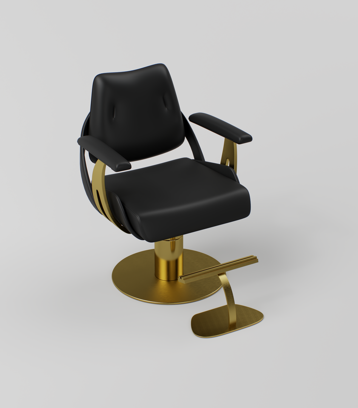 Black leather hair chair with gold circle base and footrest
