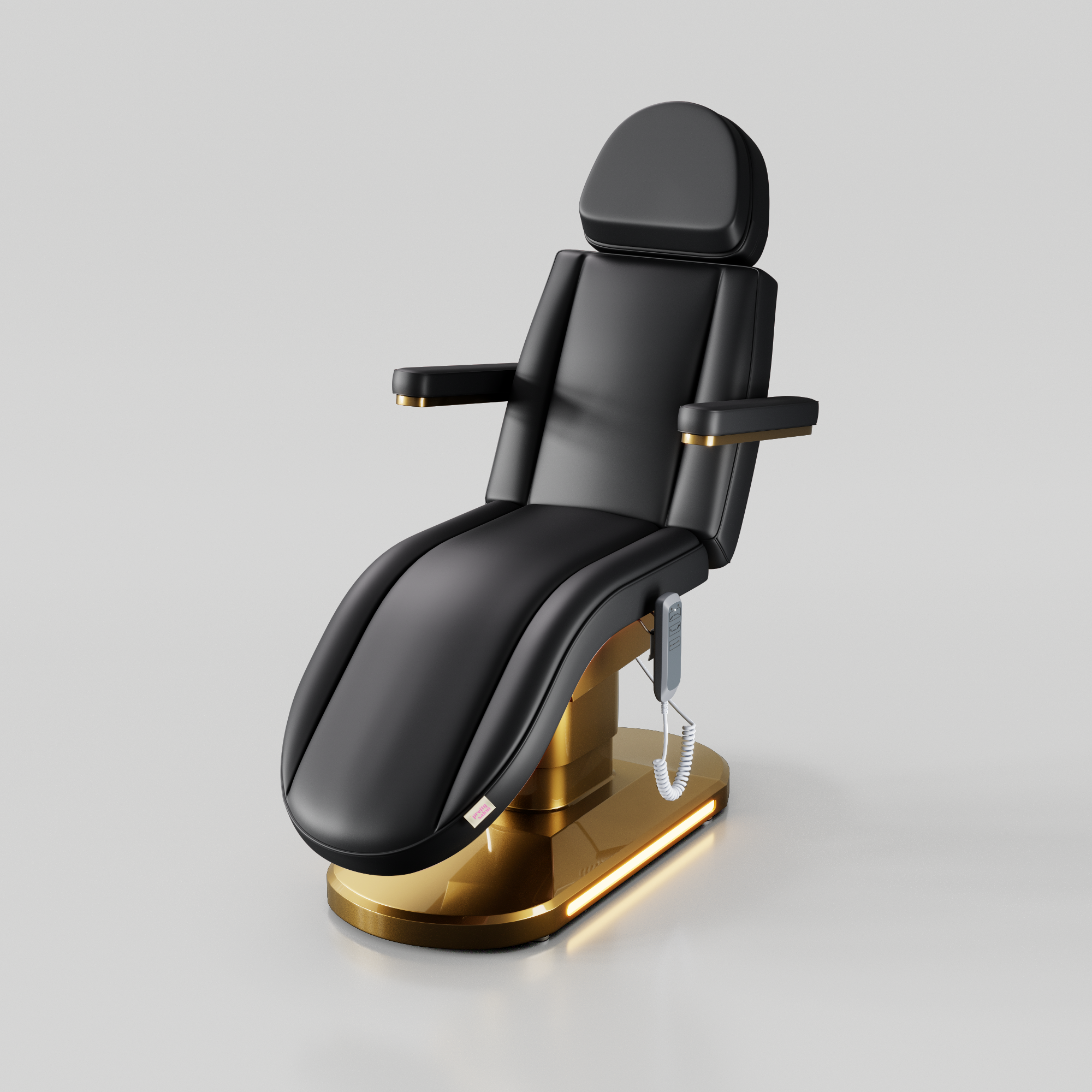 Black electric beauty bed in reclined position with curved design and gold base for aesthetic treatments