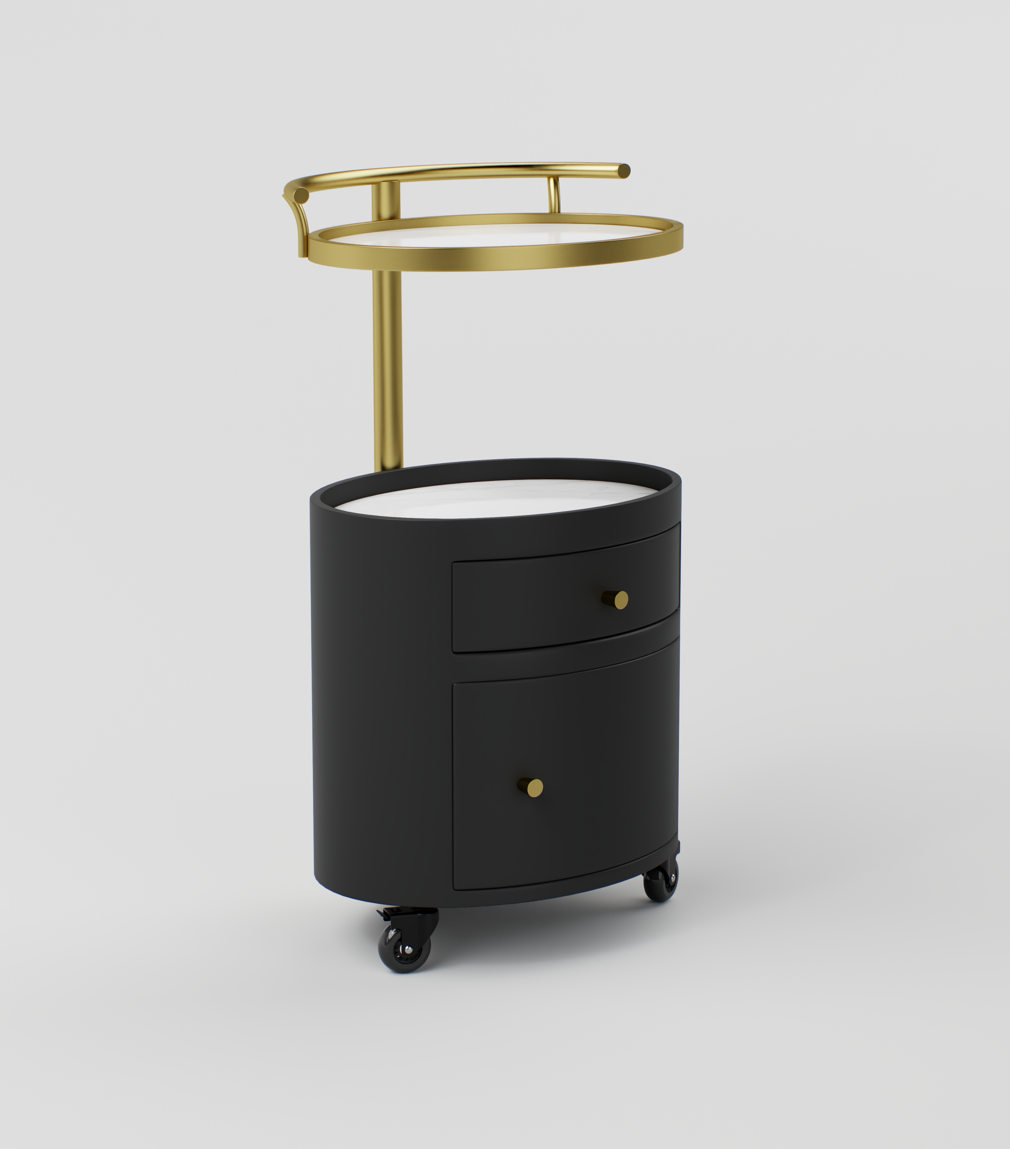 Front view of the Maeva trolley featuring a sintered stone top and stainless steel frame.