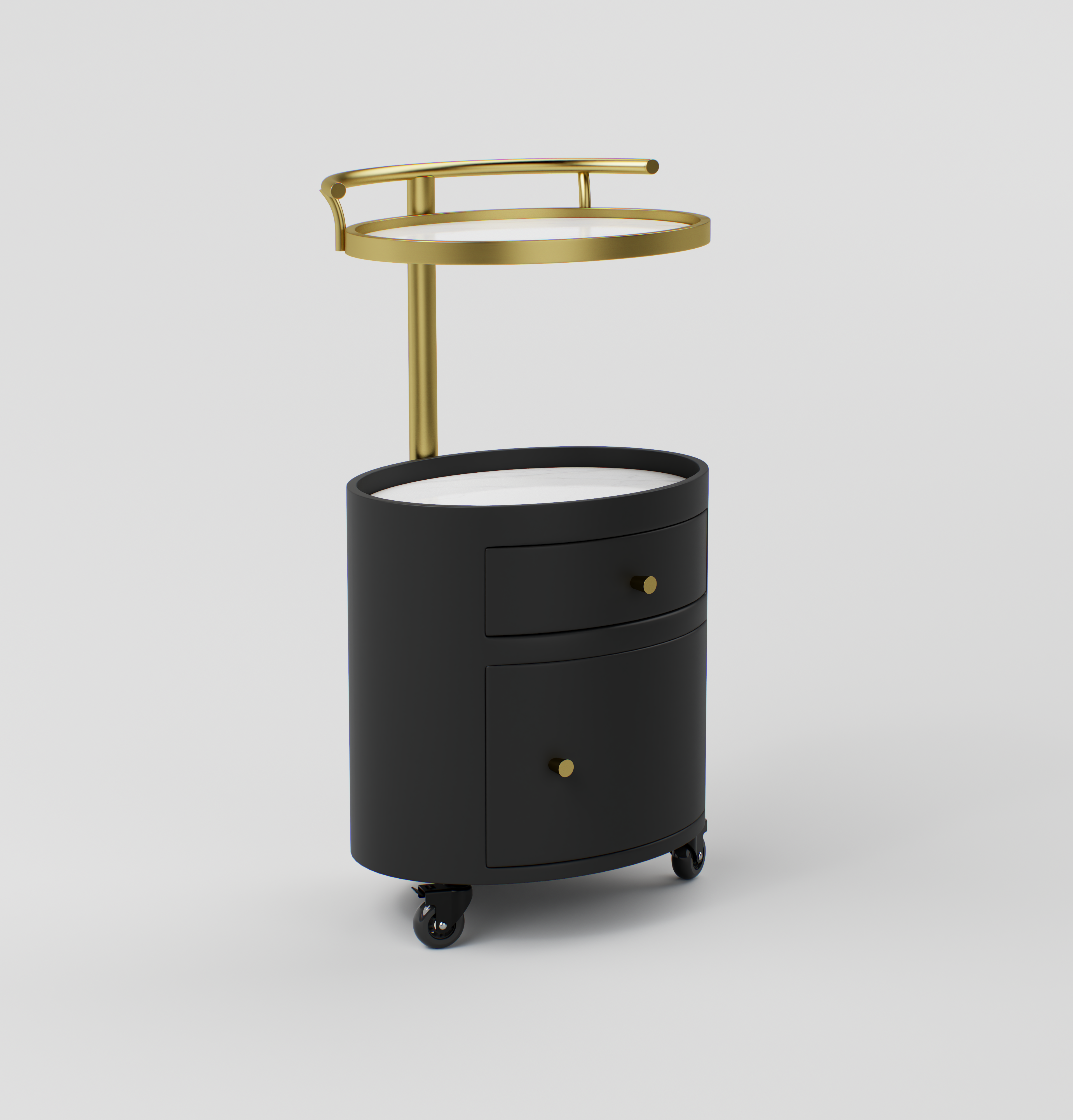 Front view of the Maeva trolley featuring a sintered stone top and stainless steel frame.