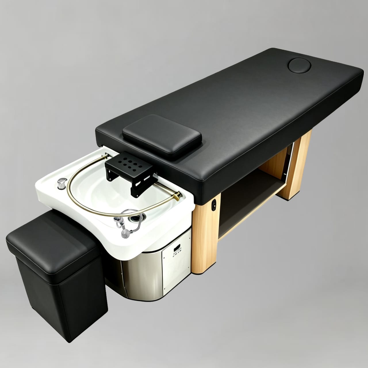 Black massage table with sink and storage drawers and wood base