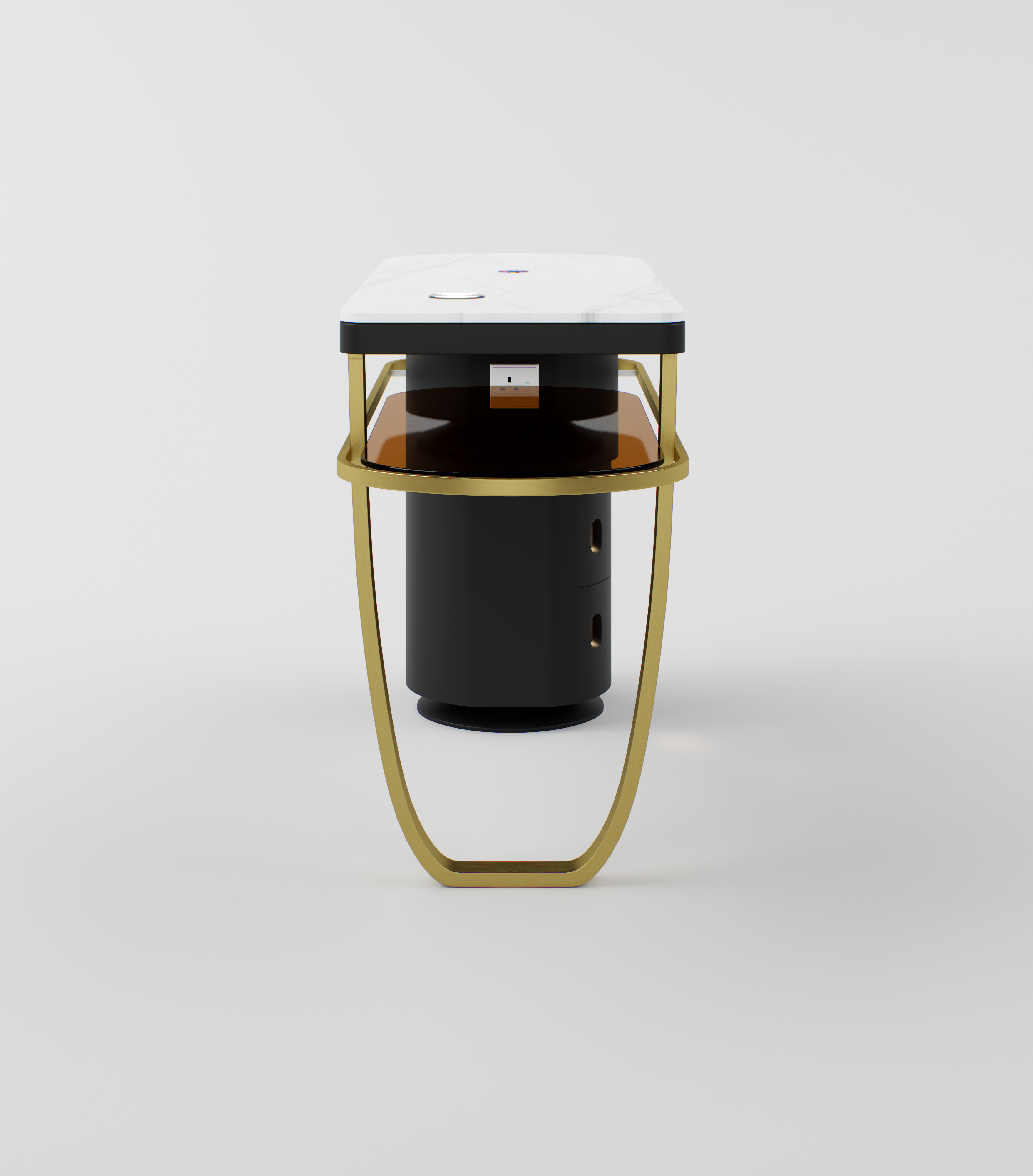 Nail station showing integrated USB and wireless charger on the sintered stone worktop.