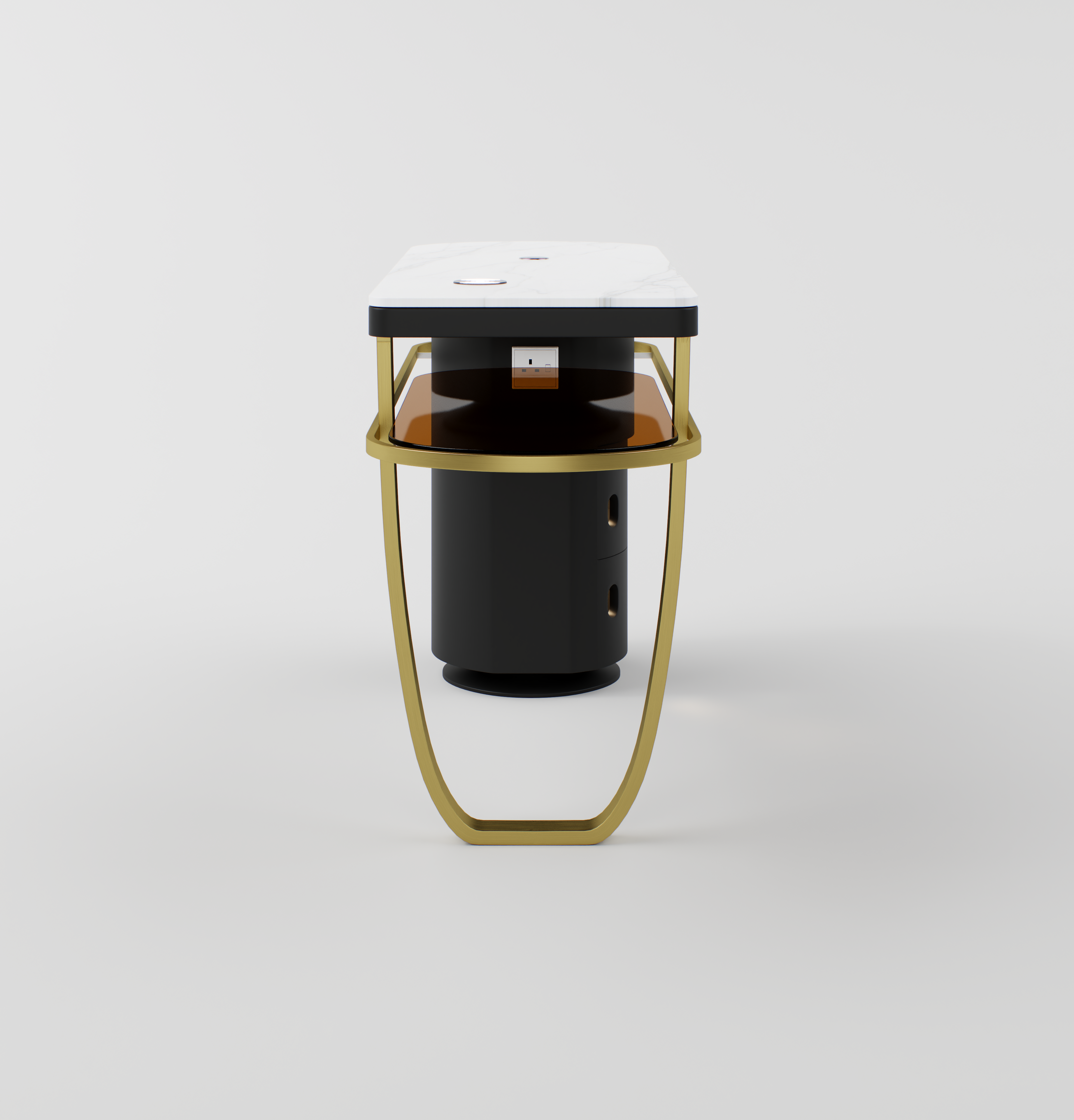 Nail station showing integrated USB and wireless charger on the sintered stone worktop.