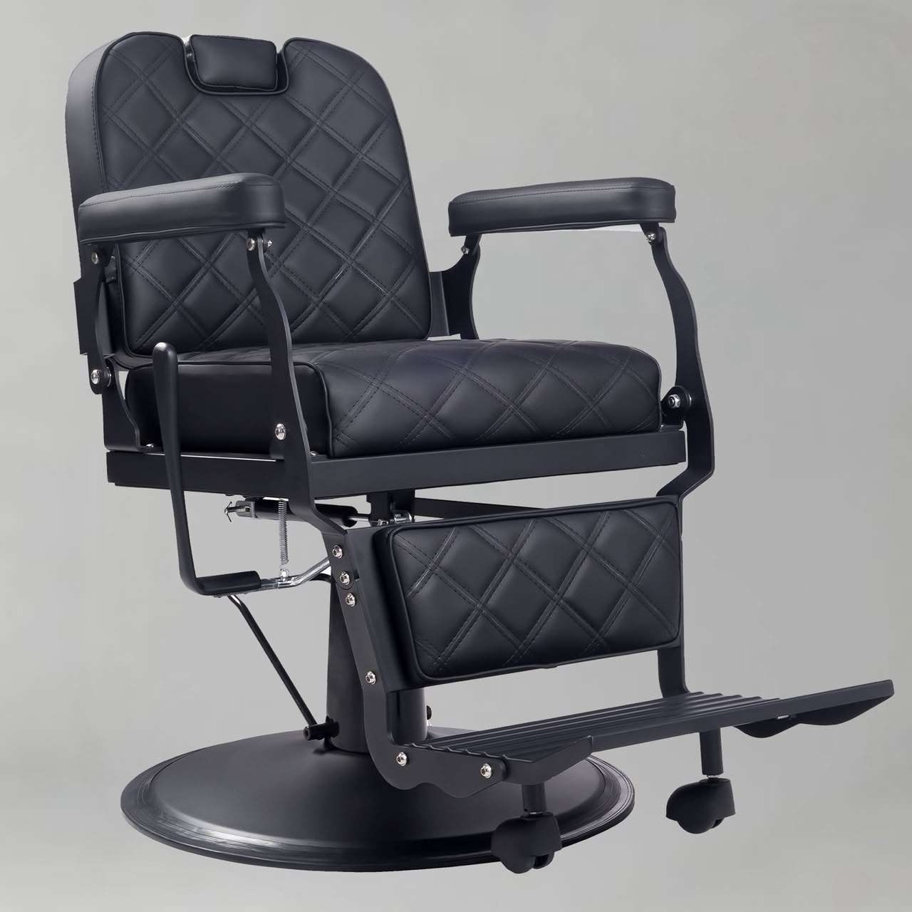 Black Silicone Leather Barber Chair with Padded Arms and Black Adjustable Base