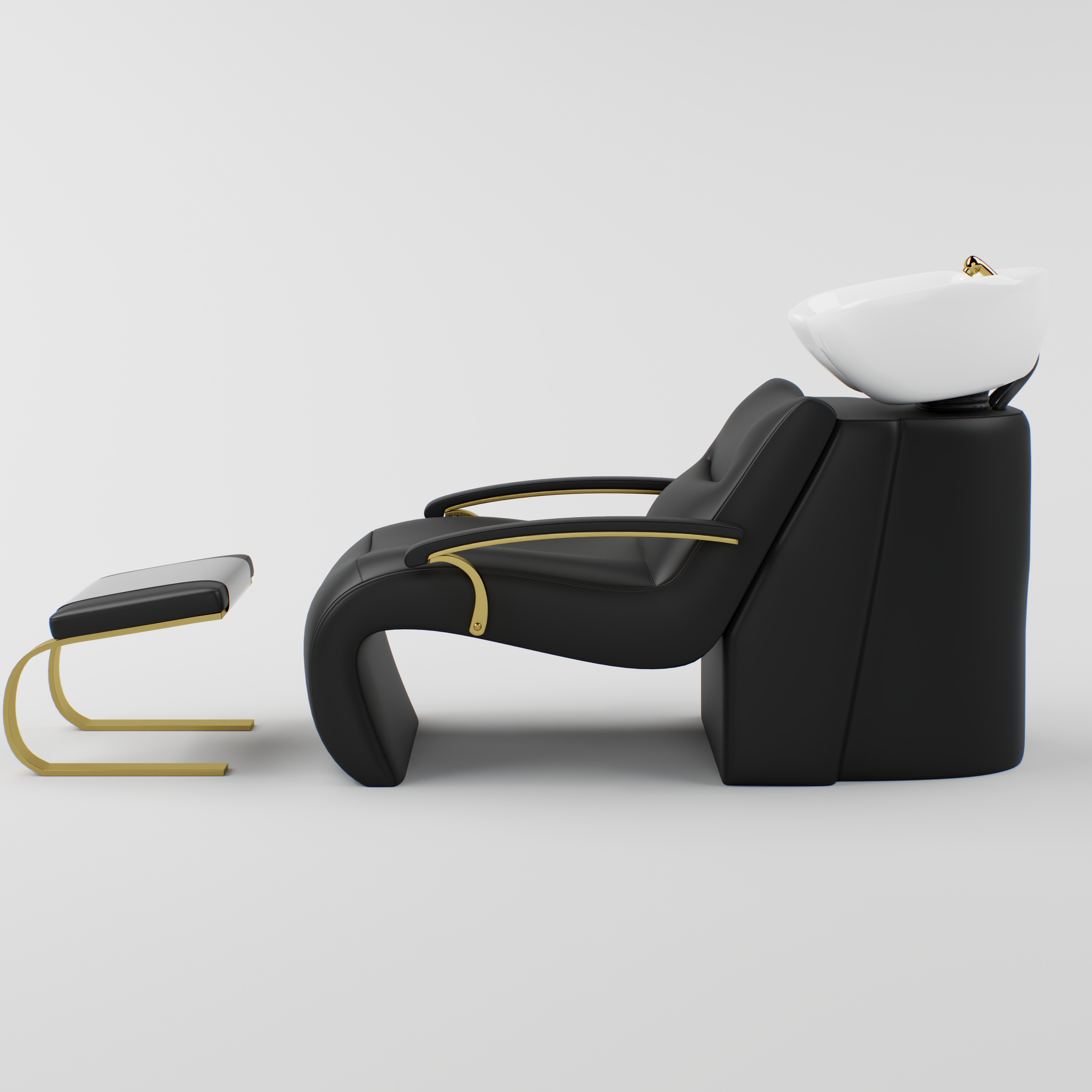 Black leather hair chair with basin and footrest