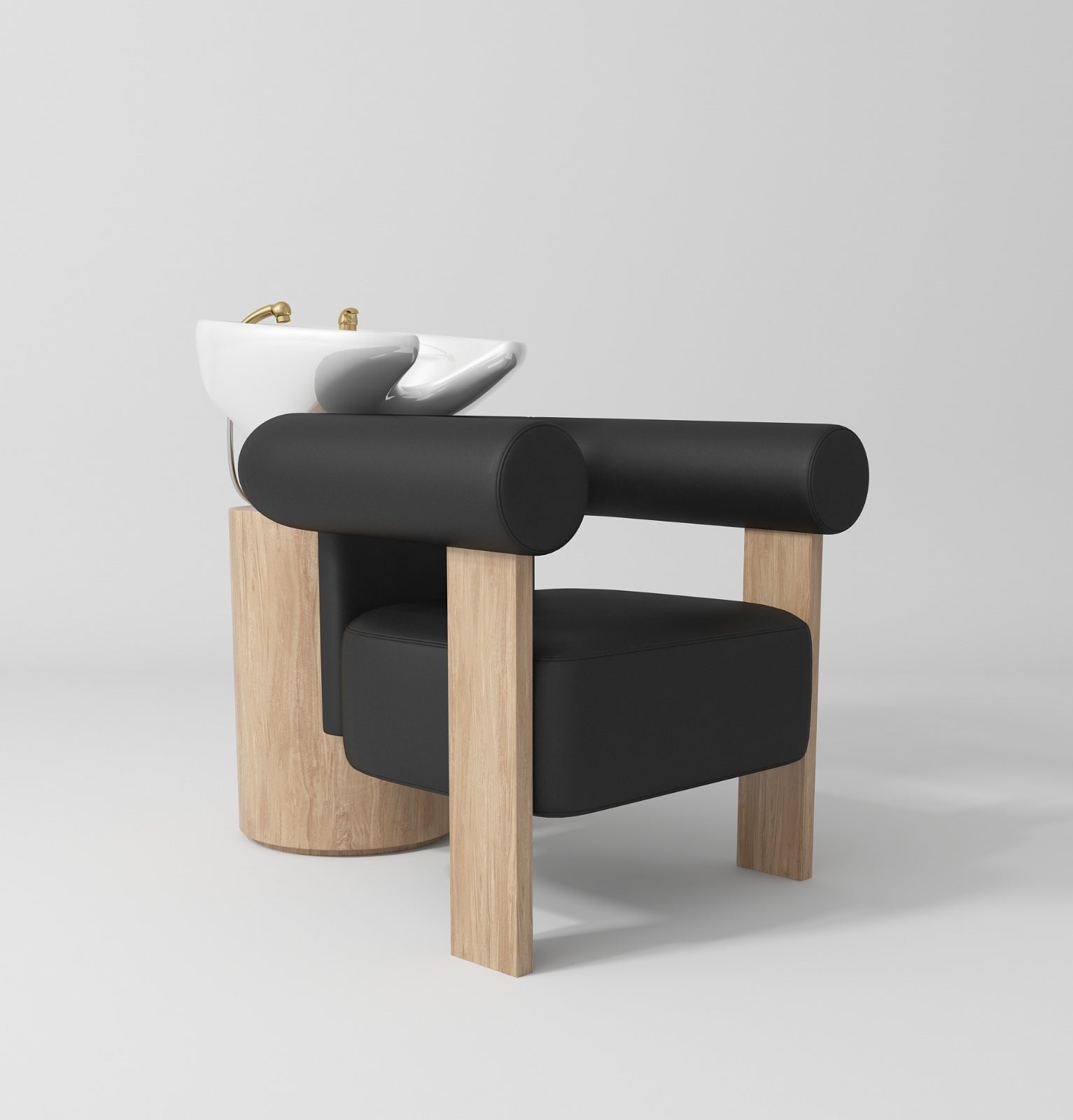 white hair basin with black leather chair and wooden legs