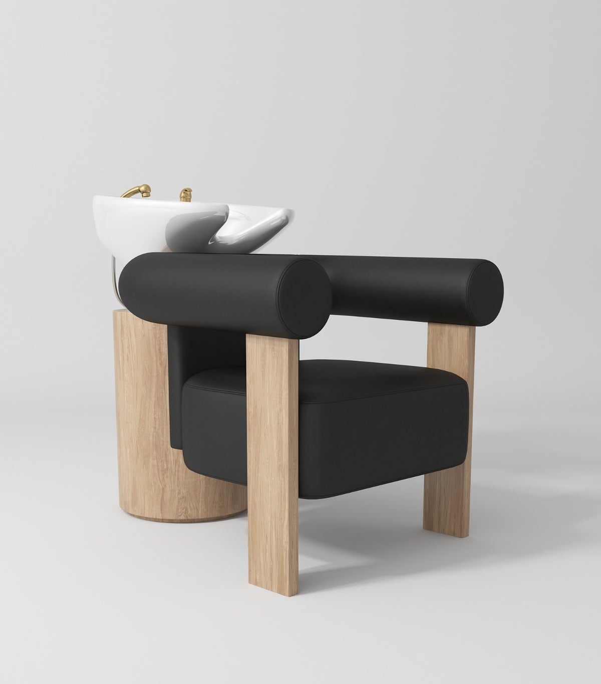 white hair basin with black leather chair and wooden legs