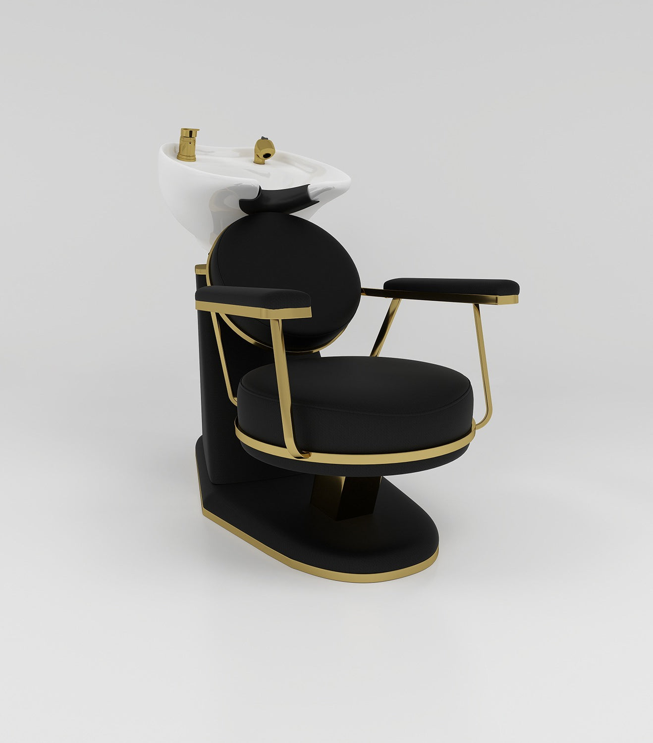 Black leather vintage hairwashing unit with white cermaic sink