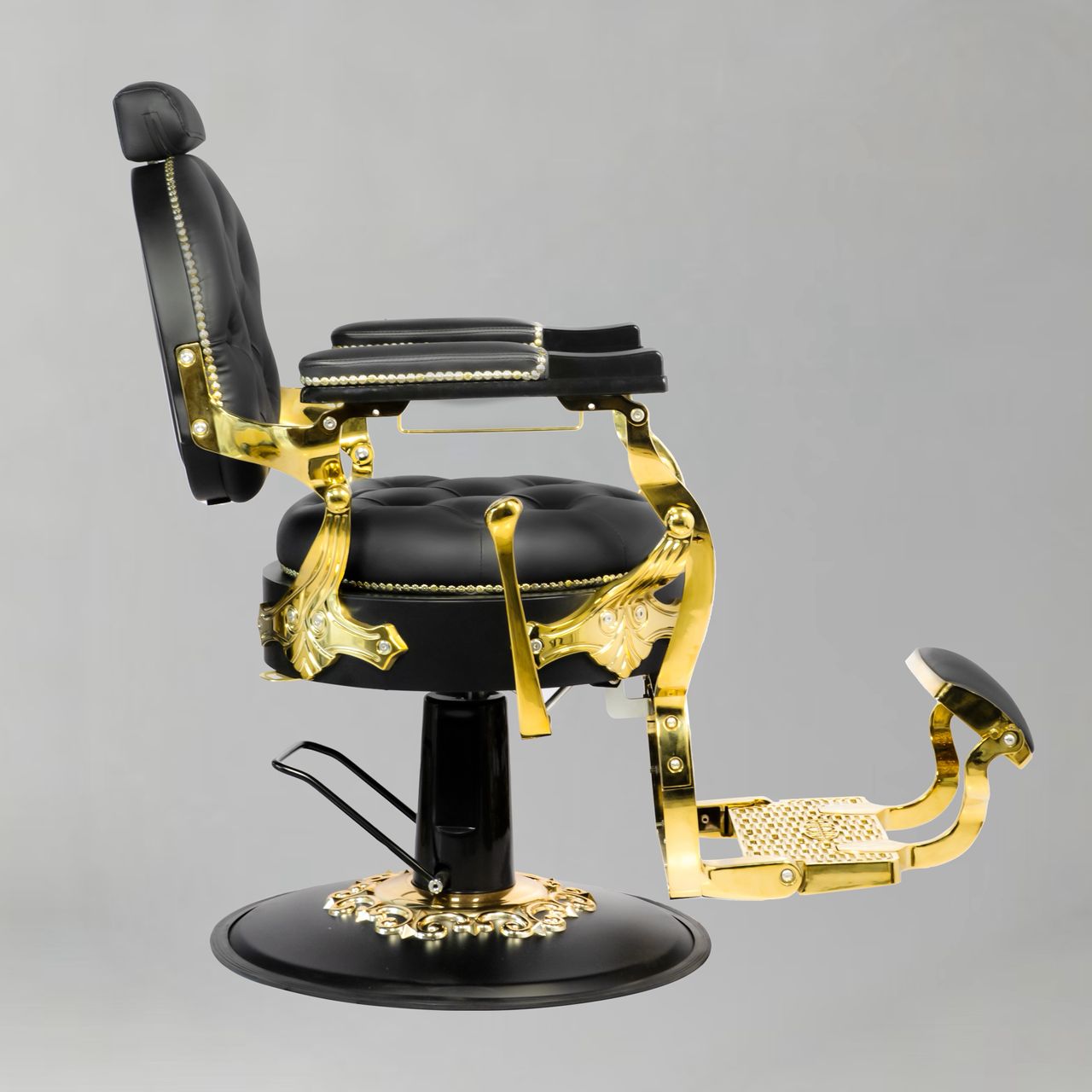 Black and gold barber chair that reclines 120 and is height adjustable
