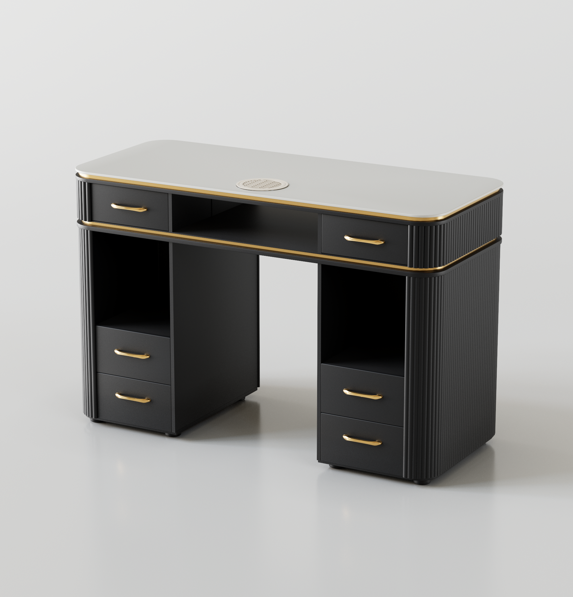 Black nail desk with gold for a luxury nail salon
