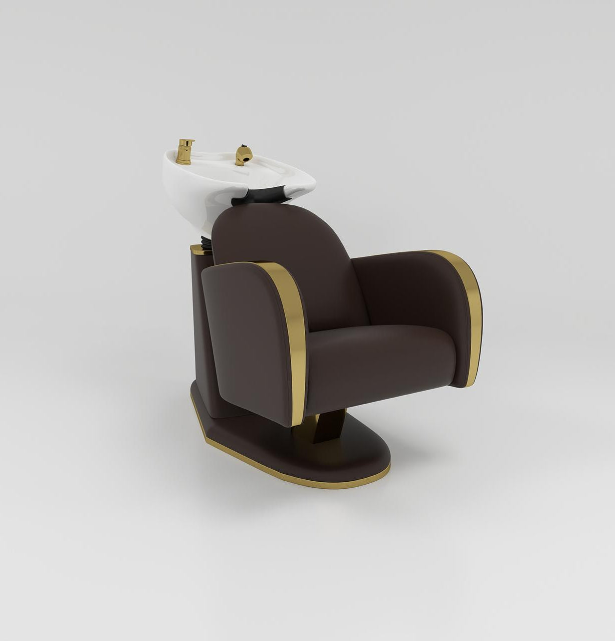 Dark Brown Backwash Unit with White Sink and Gold Taps