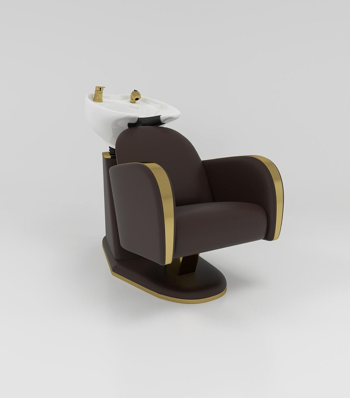 Dark Brown Backwash Unit with White Sink and Gold Taps
