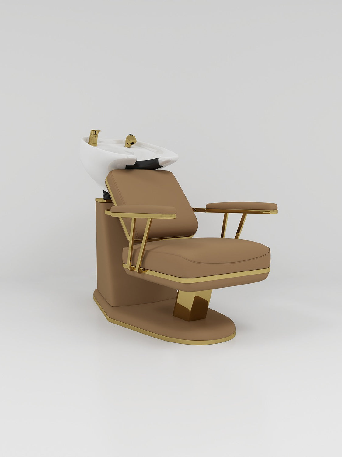 Hair salon backwash with brown leather and gold stainless steel trim