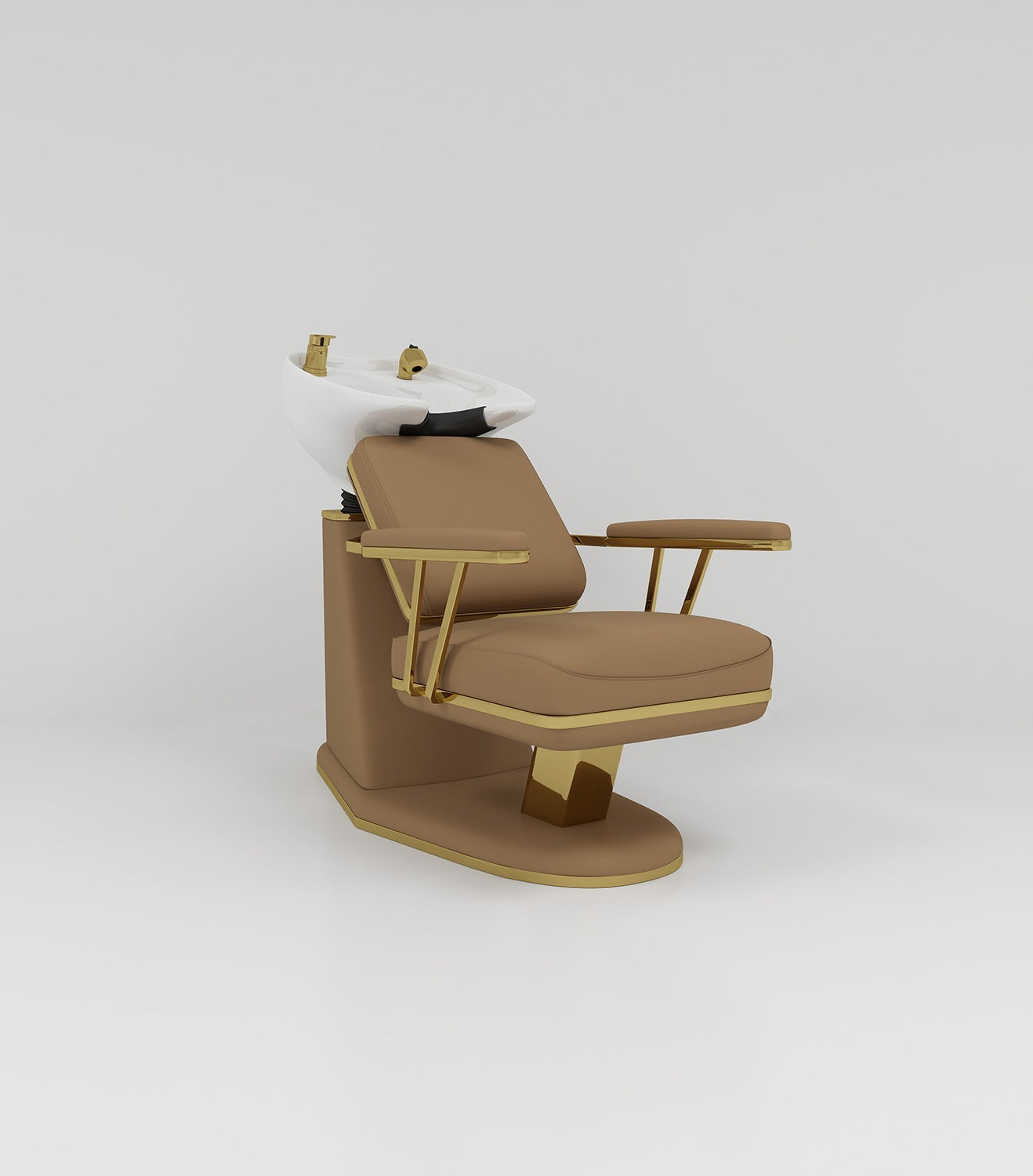 Hair salon backwash with brown leather and gold stainless steel trim
