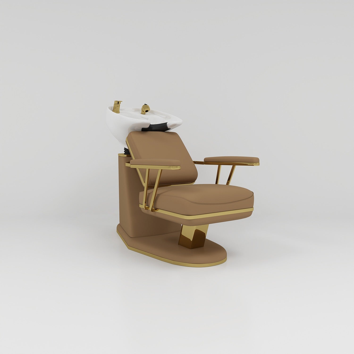 Hair salon backwash with brown leather and gold stainless steel trim