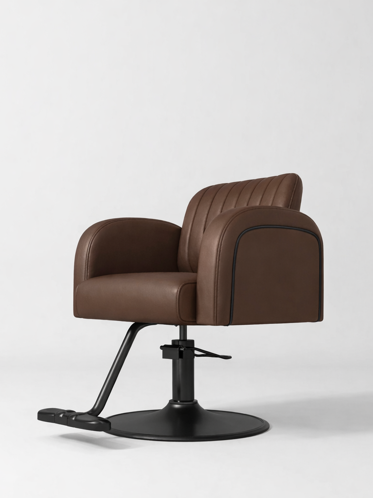 Dark Brown Leather Hairdressing Chair with Black footrest and circle base