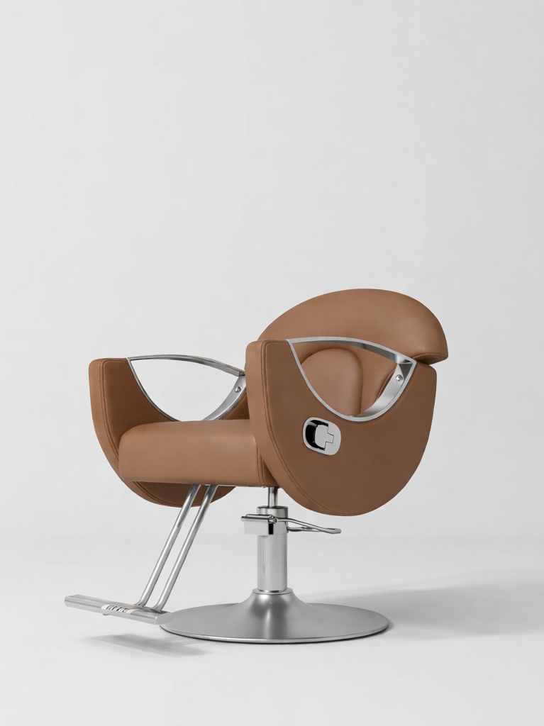 Styling chair for hairdressers in brown leather and silver base
