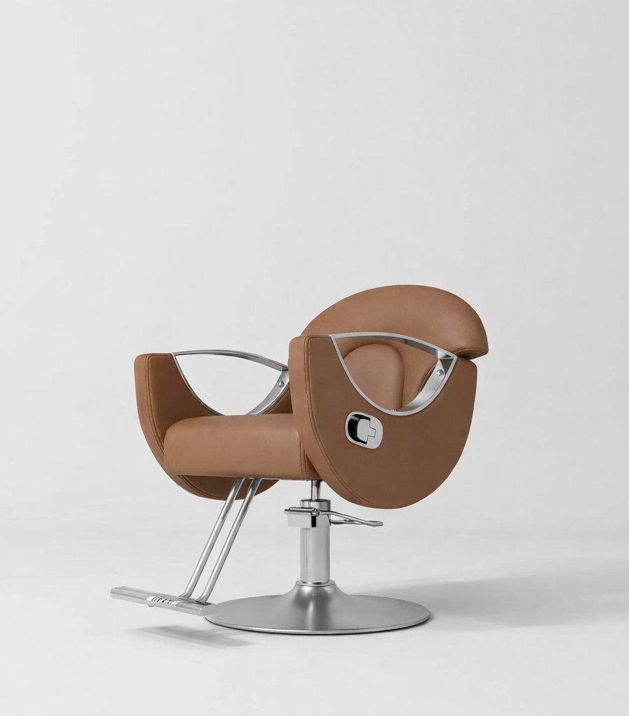 Styling chair for hairdressers in brown leather and silver base