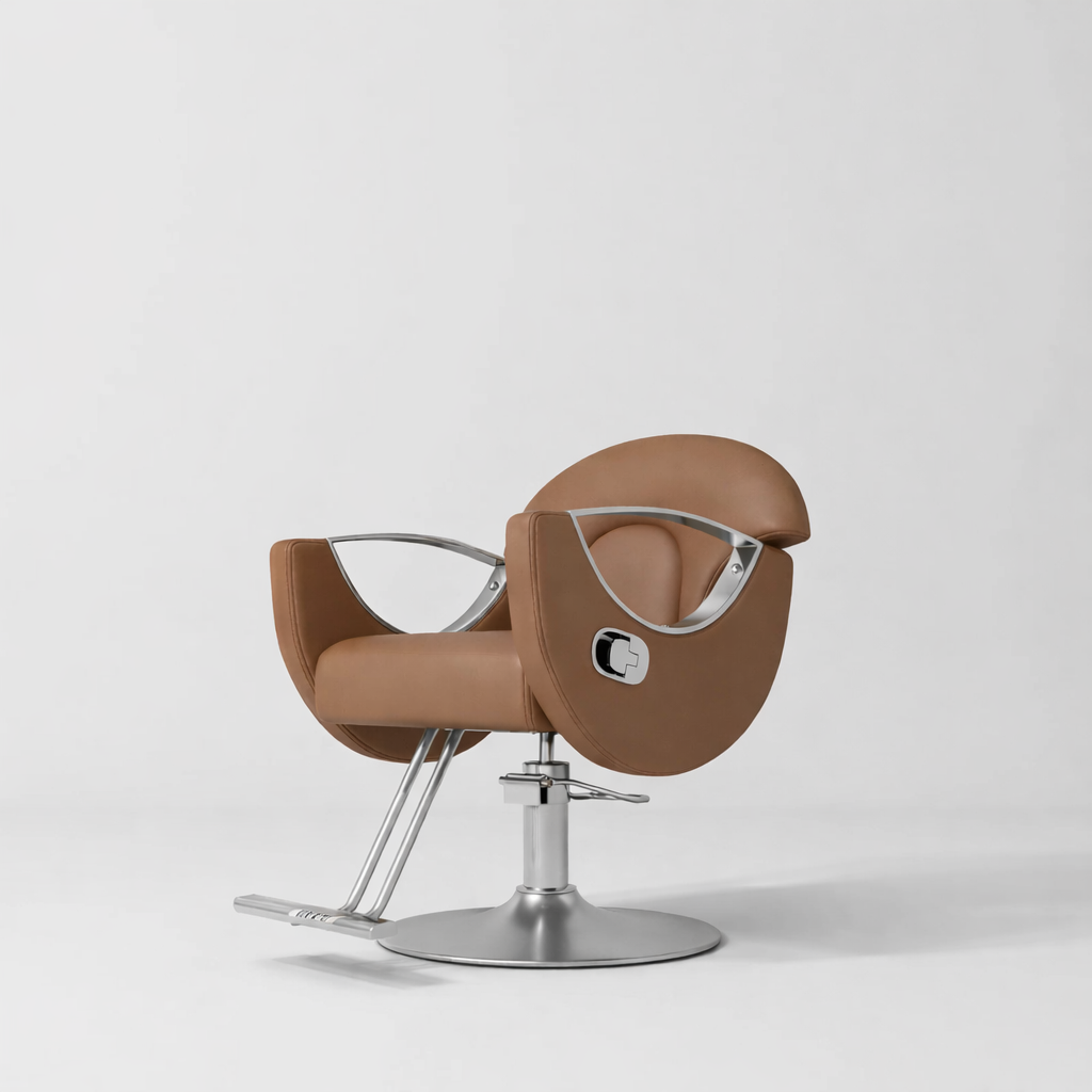 Styling chair for hairdressers in brown leather and silver base