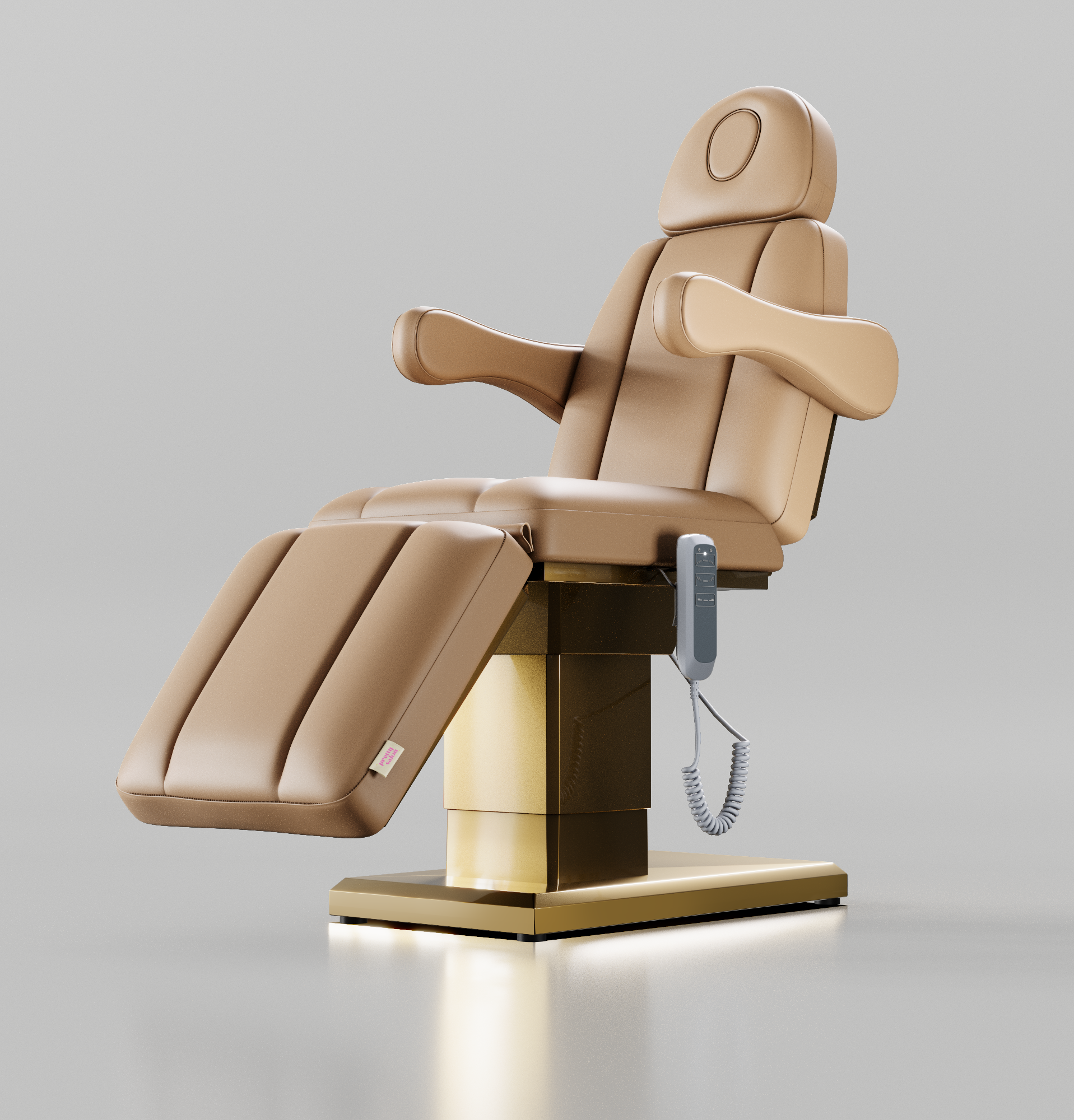 Brown electric bed with gold base and hand control