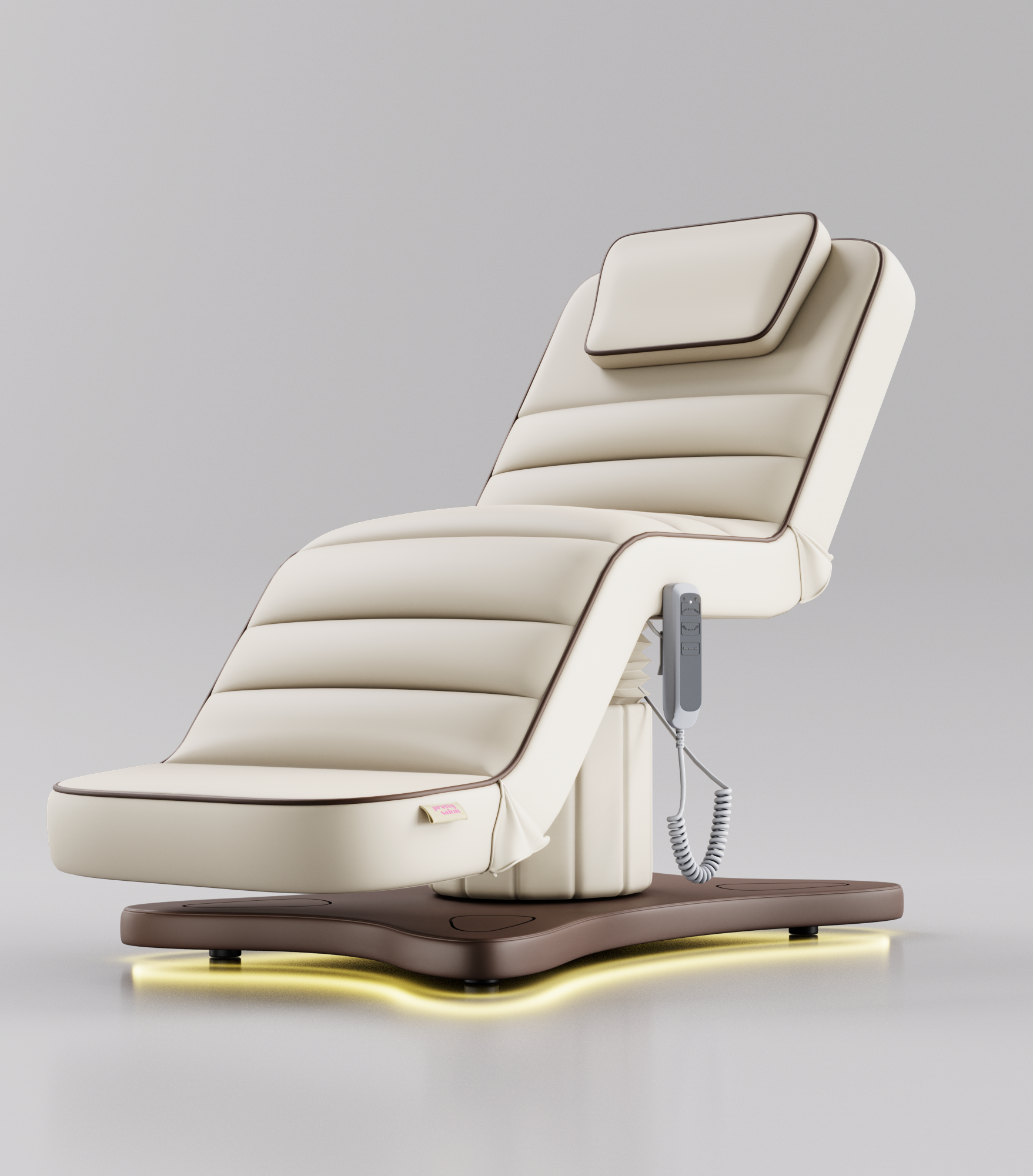 Cream electric beauty bed with brown piping and curved reclining design