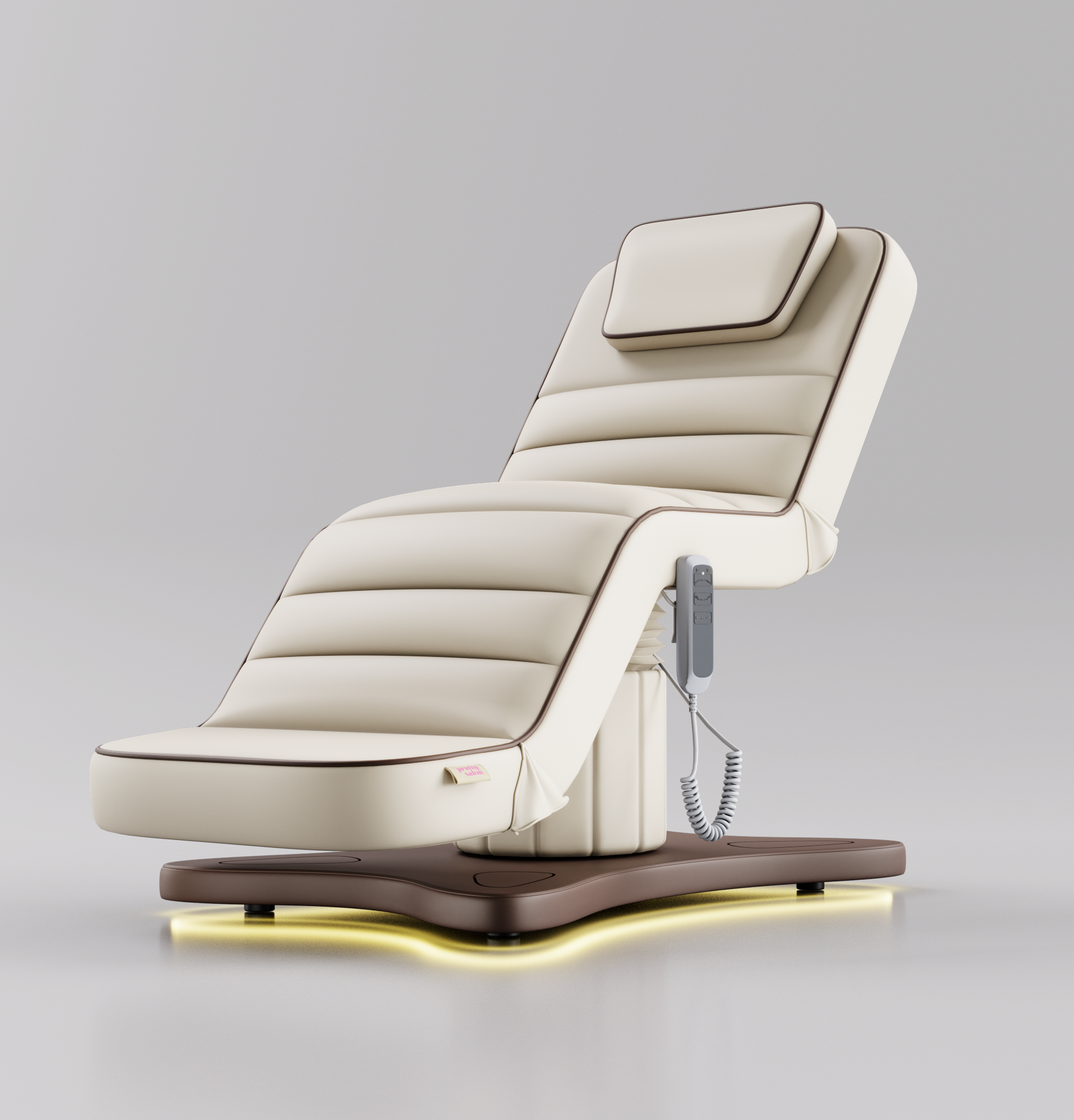Cream electric beauty bed with brown piping and curved reclining design