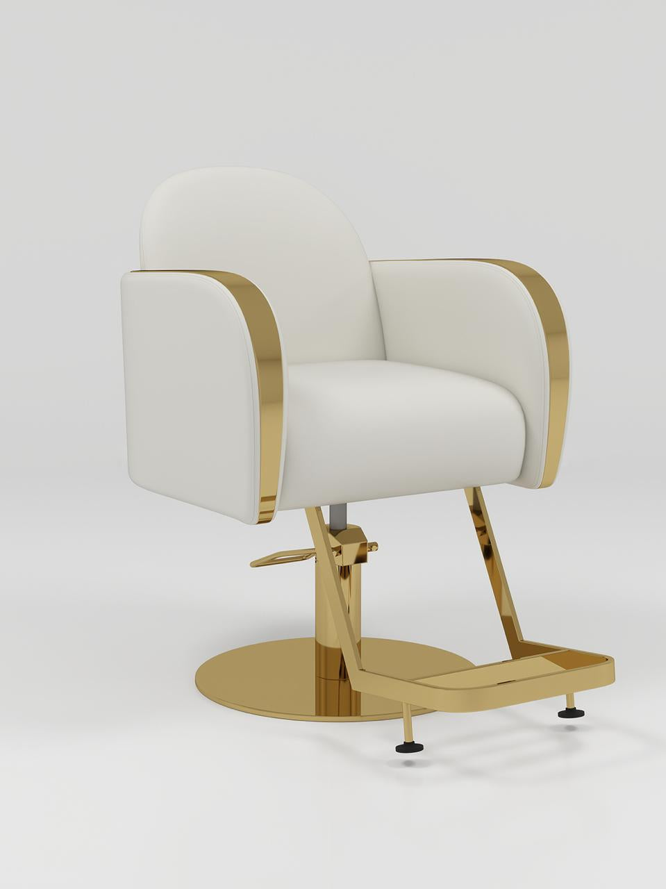 Cream Hair Styling Chait with Gold Arms and Gold Footrest