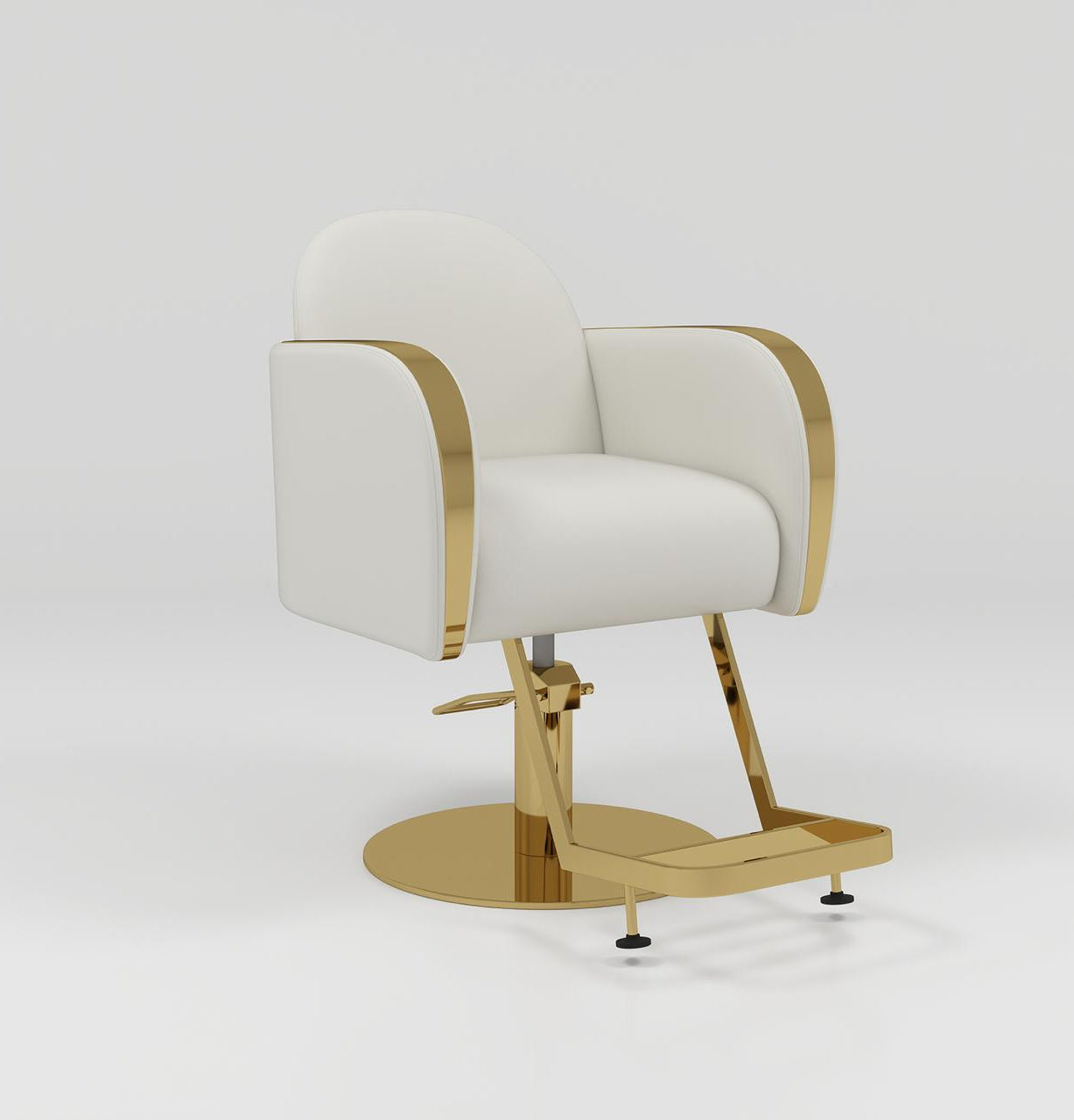 Cream Hair Styling Chait with Gold Arms and Gold Footrest
