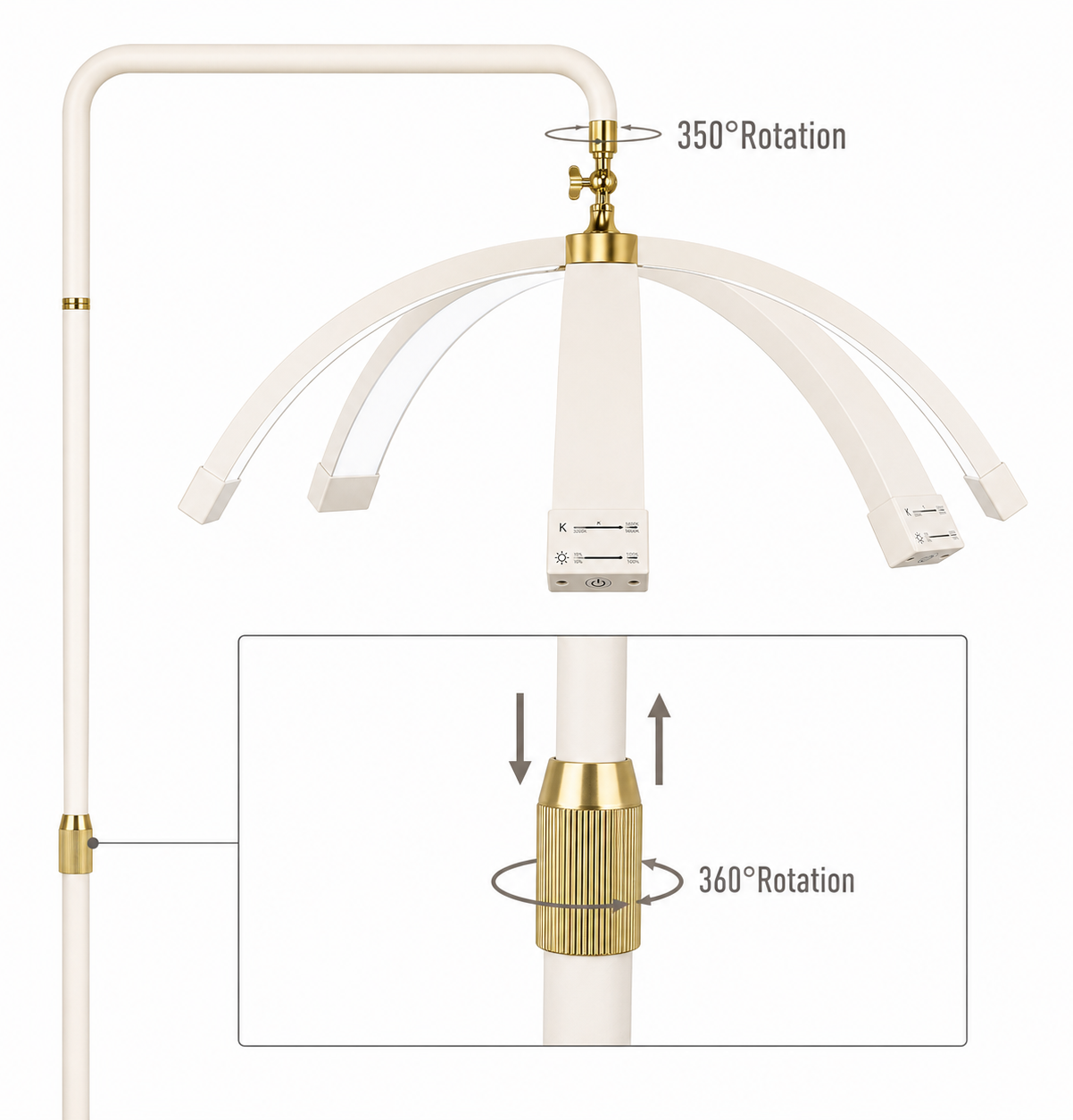 Decorative lamp with gold accents and 360-degree rotation
