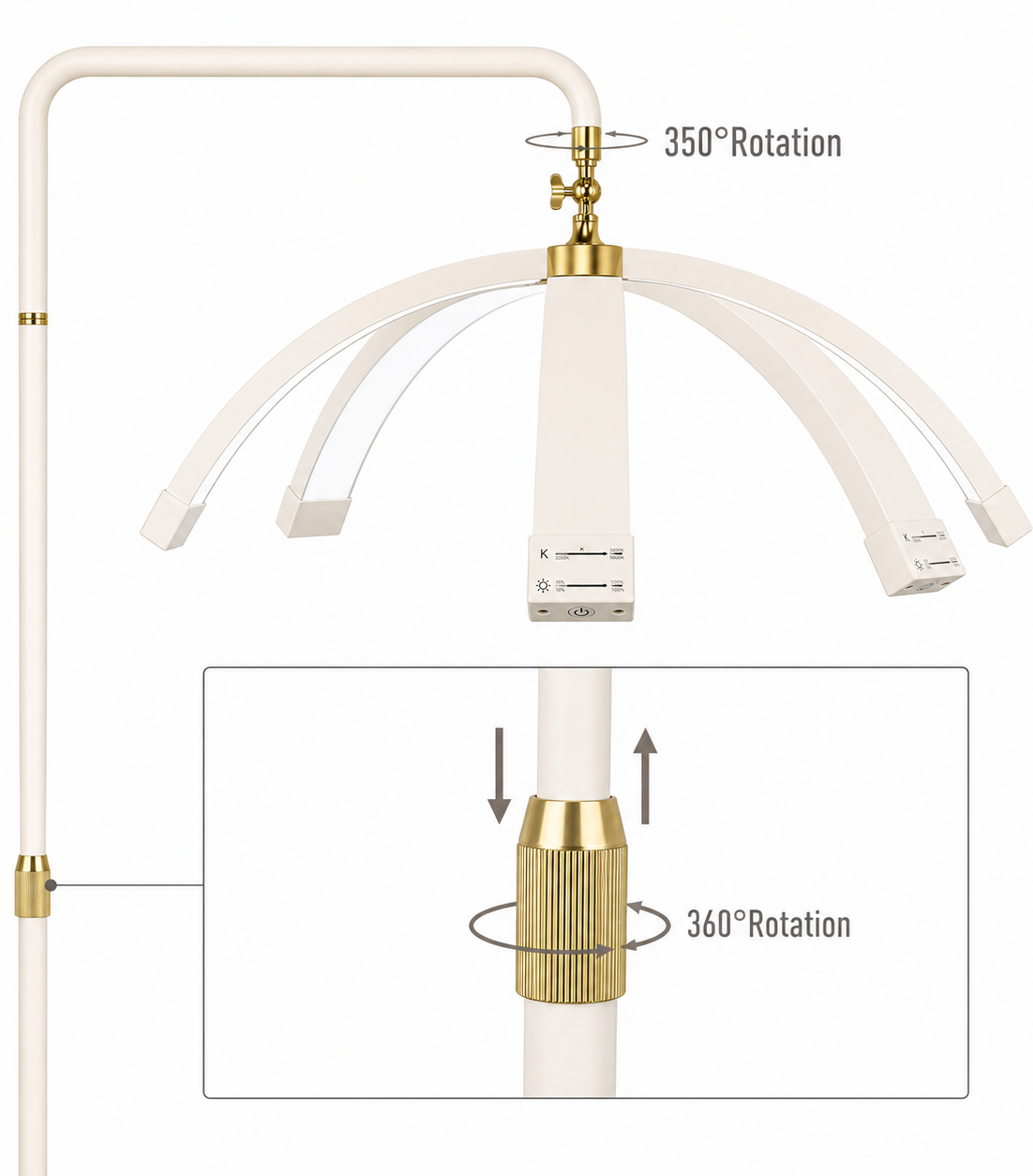 Decorative lamp with gold accents and 360-degree rotation