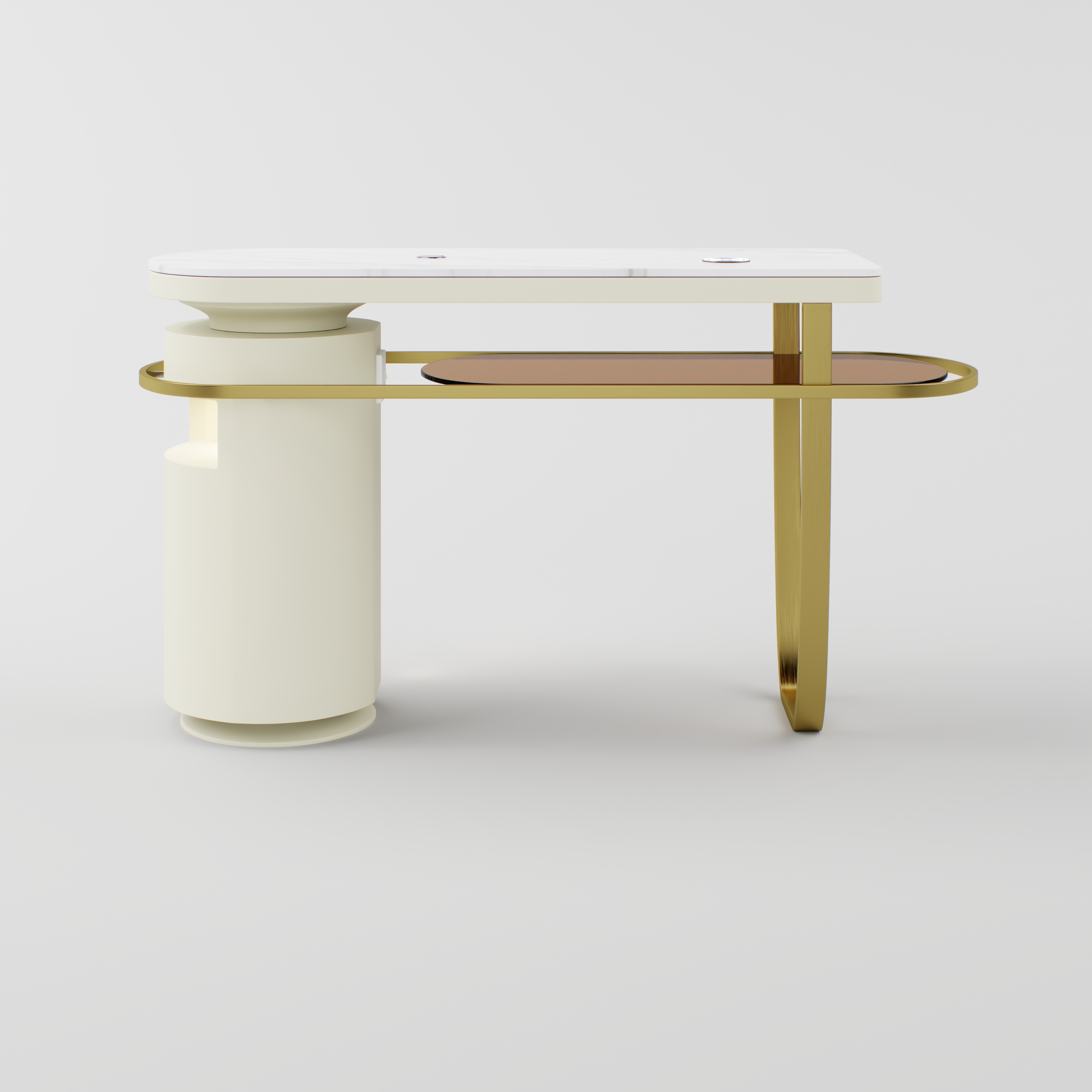 Side view of the manicure desk with black storage drawers and LED-lit locker area.