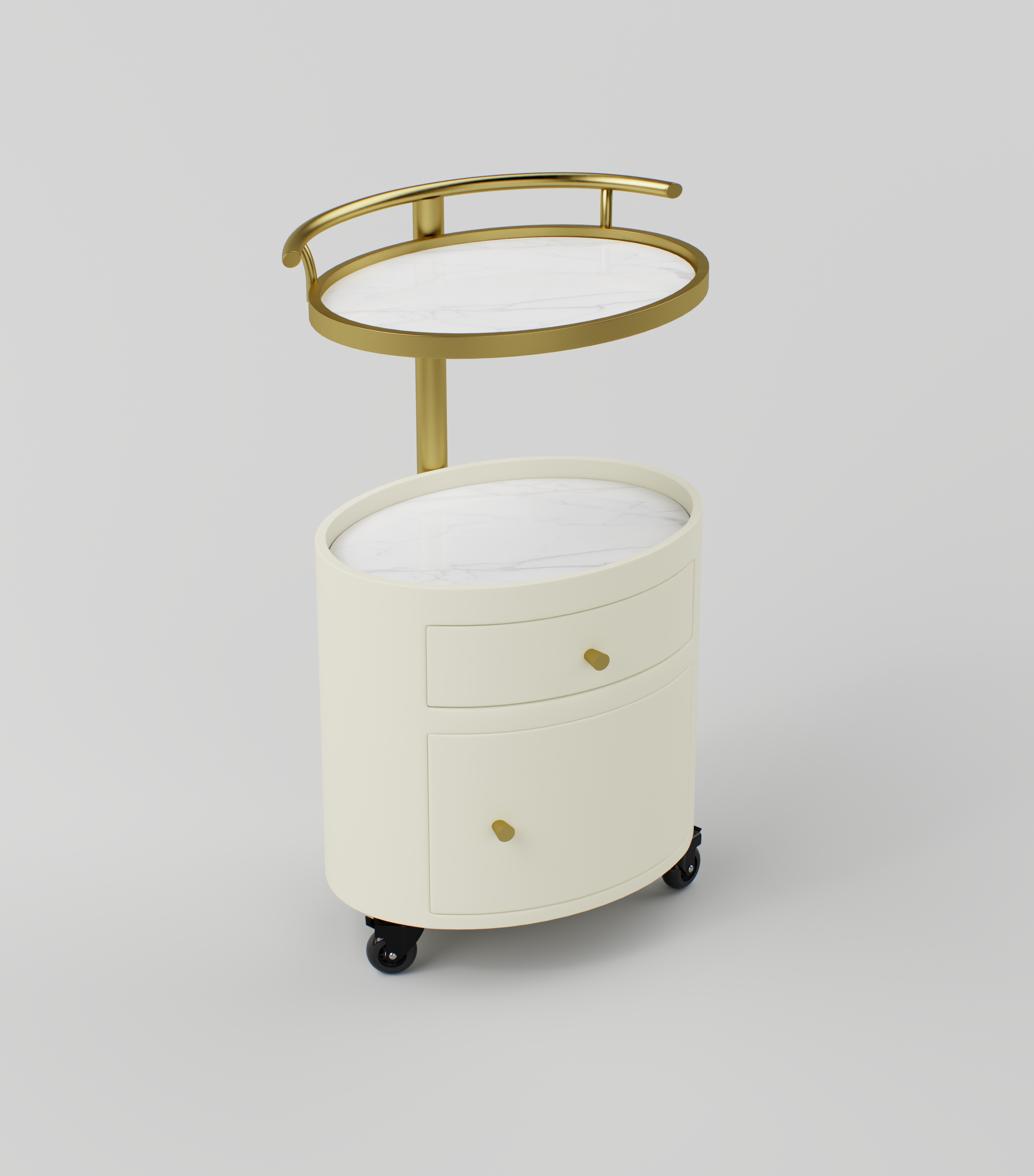 Side view showing the stainless steel frame and smooth curved design of the Maeva trolley.