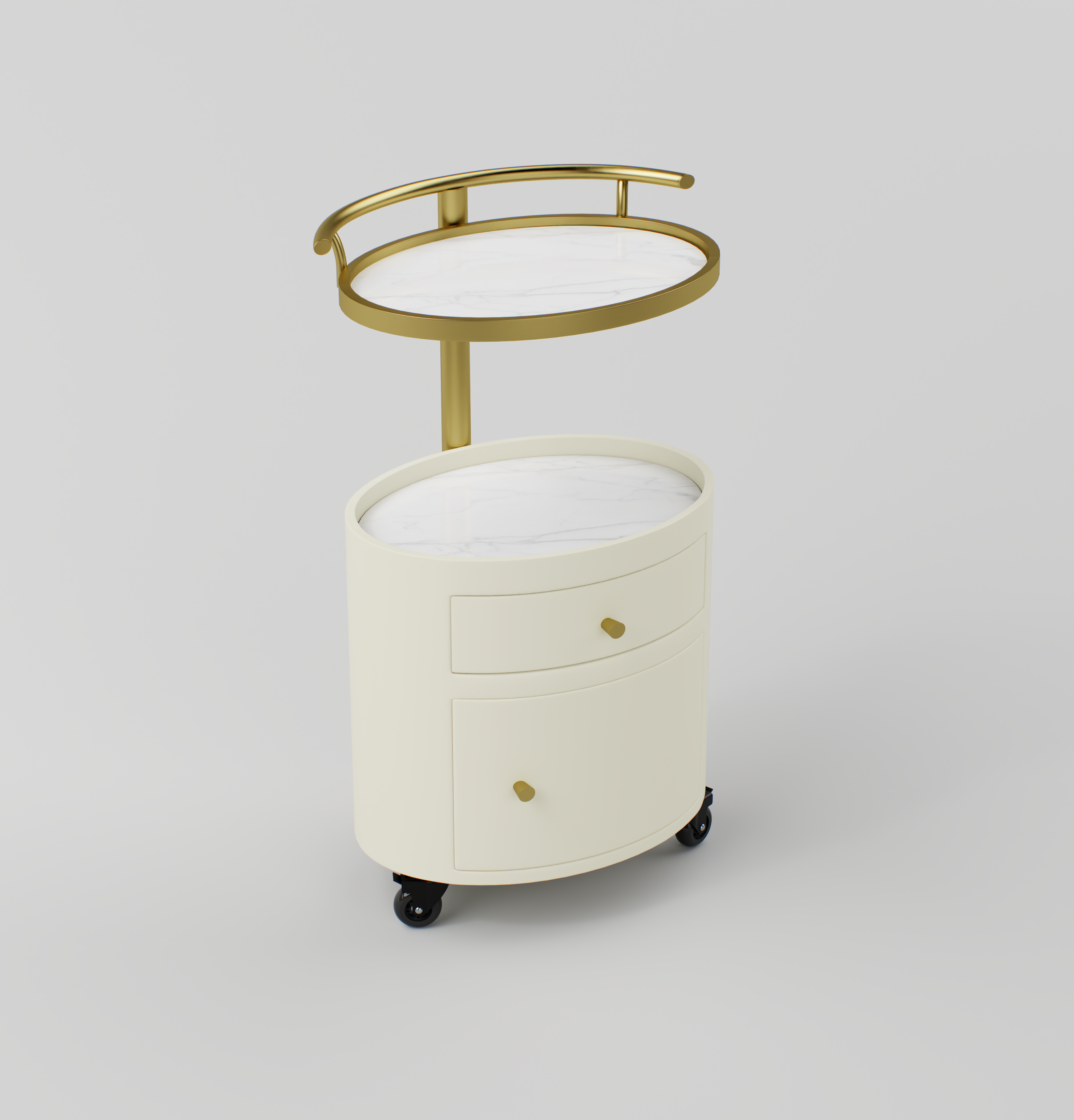 Side view showing the stainless steel frame and smooth curved design of the Maeva trolley.