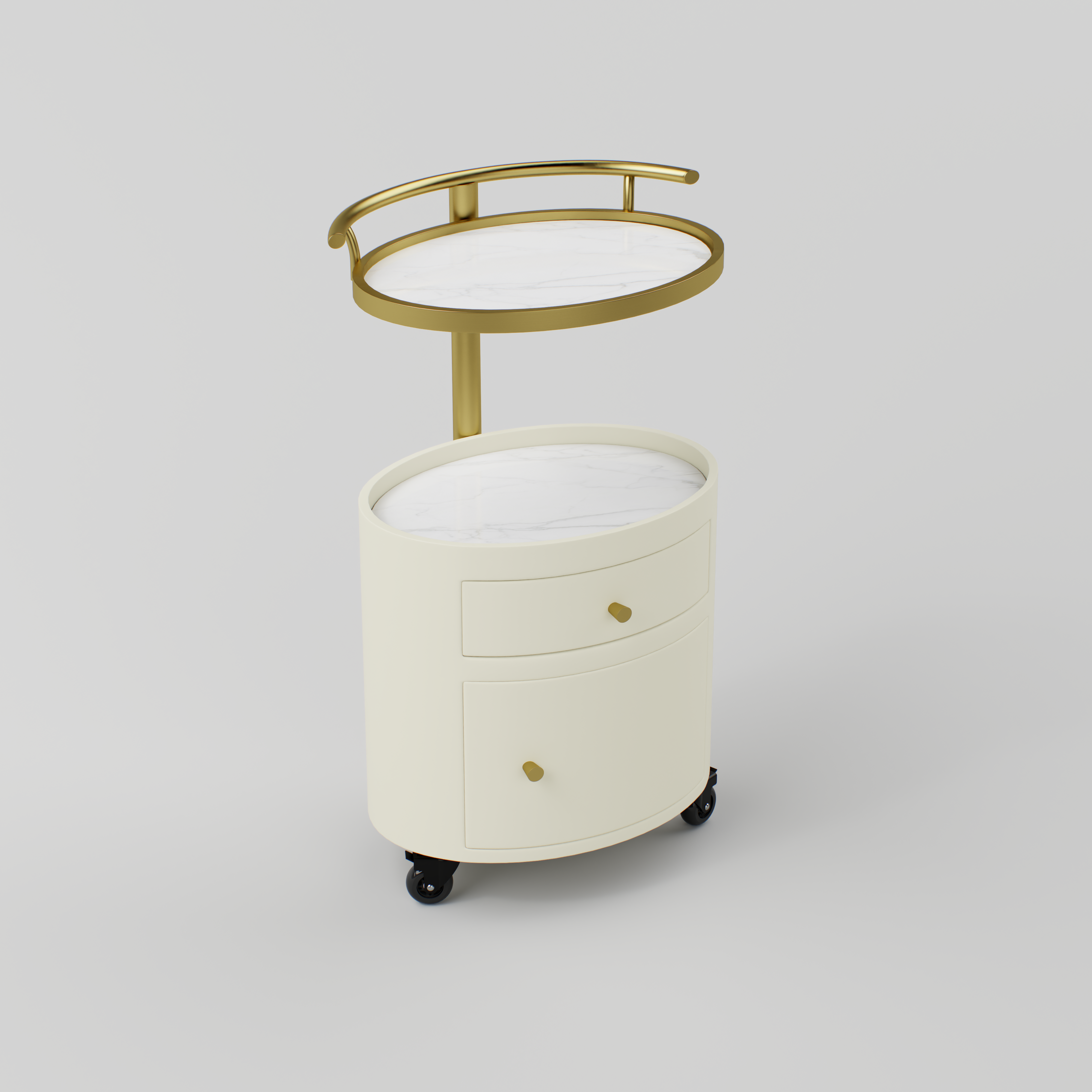 Side view showing the stainless steel frame and smooth curved design of the Maeva trolley.
