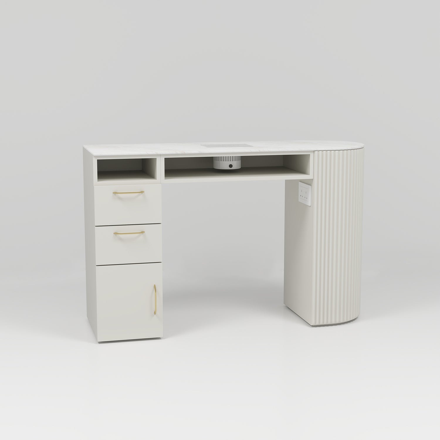 Cream single nail desk with white top and draws