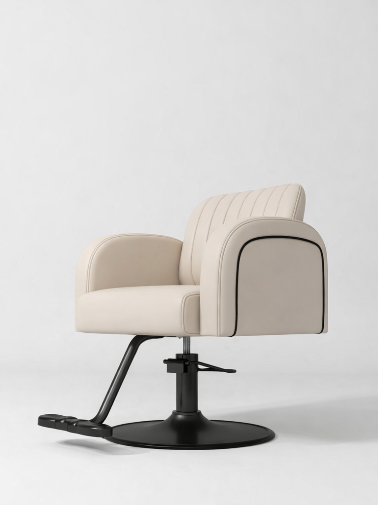 Cream Leather Hair Chair with Black Circle Base and Piping