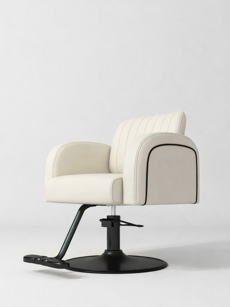 Cream Leather Hair Chair with Black Piping and Footrest