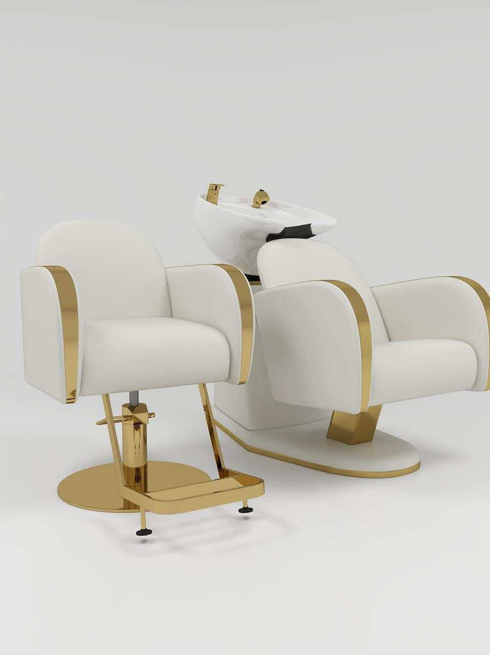 Cream Hair Styling chair paired with Backwash unit
