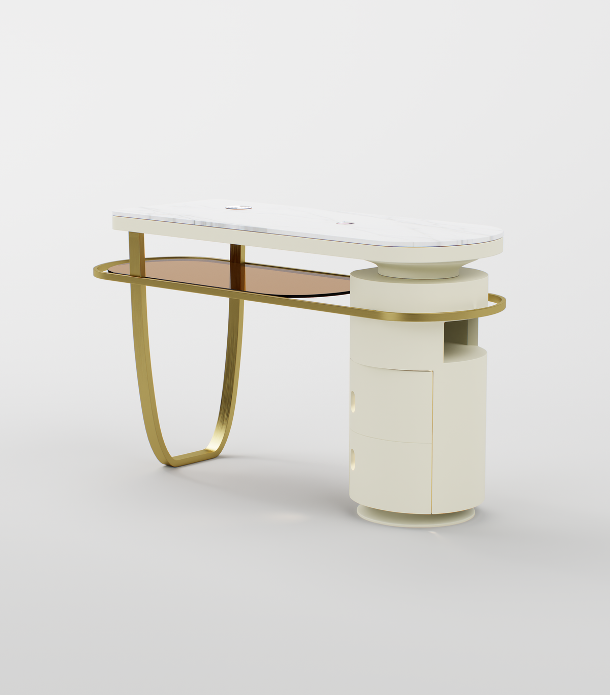 Close-up of the gold stainless steel structure supporting the marble-style sintered stone top.